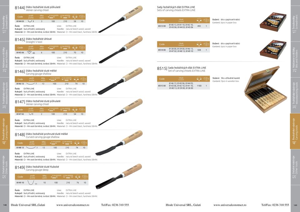 tvrdost 58HRc Cr - Mn steel black, hardness 58HRc Dláto řezbářské duté mělké Carvin oue shallow 854 00 838 00, 839 00, 846 3, 847 02, 848 3, 849 0 85 Sada řezbářských dlát Set of carvin chisels 508