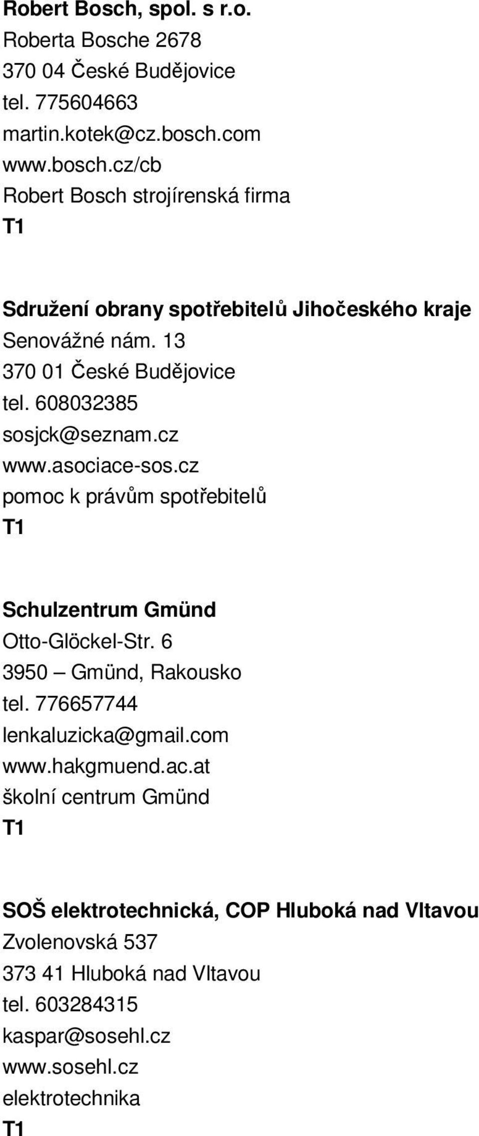 608032385 sosjck@seznam.cz www.asociace-sos.cz pomoc k právům spotřebitelů Schulzentrum Gmünd Otto-Glöckel-Str. 6 3950 Gmünd, Rakousko tel.