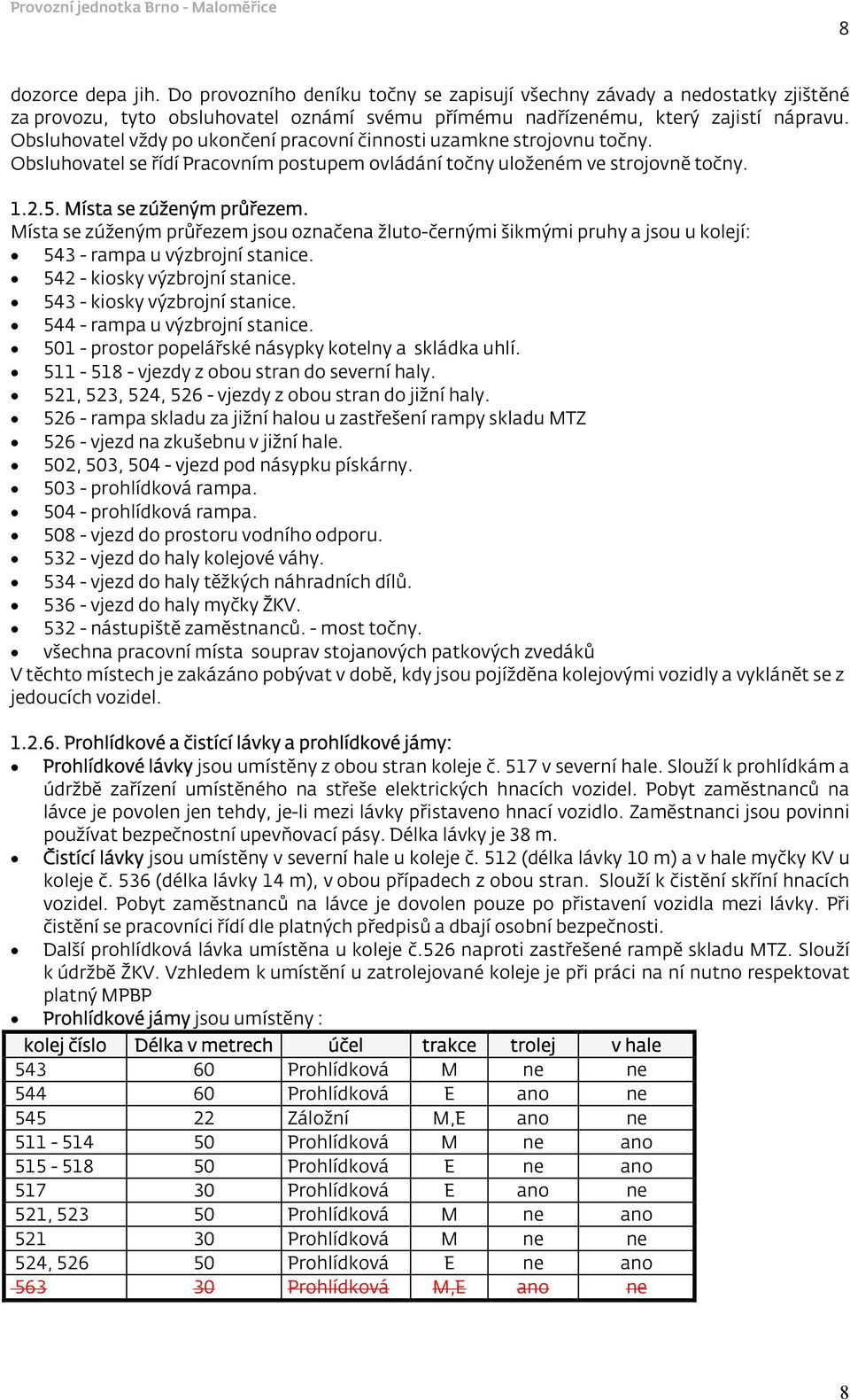 Místa se zúženým průřezem jsou označena žluto-černými šikmými pruhy a jsou u kolejí: 543 - rampa u výzbrojní stanice. 542 - kiosky výzbrojní stanice. 543 - kiosky výzbrojní stanice.