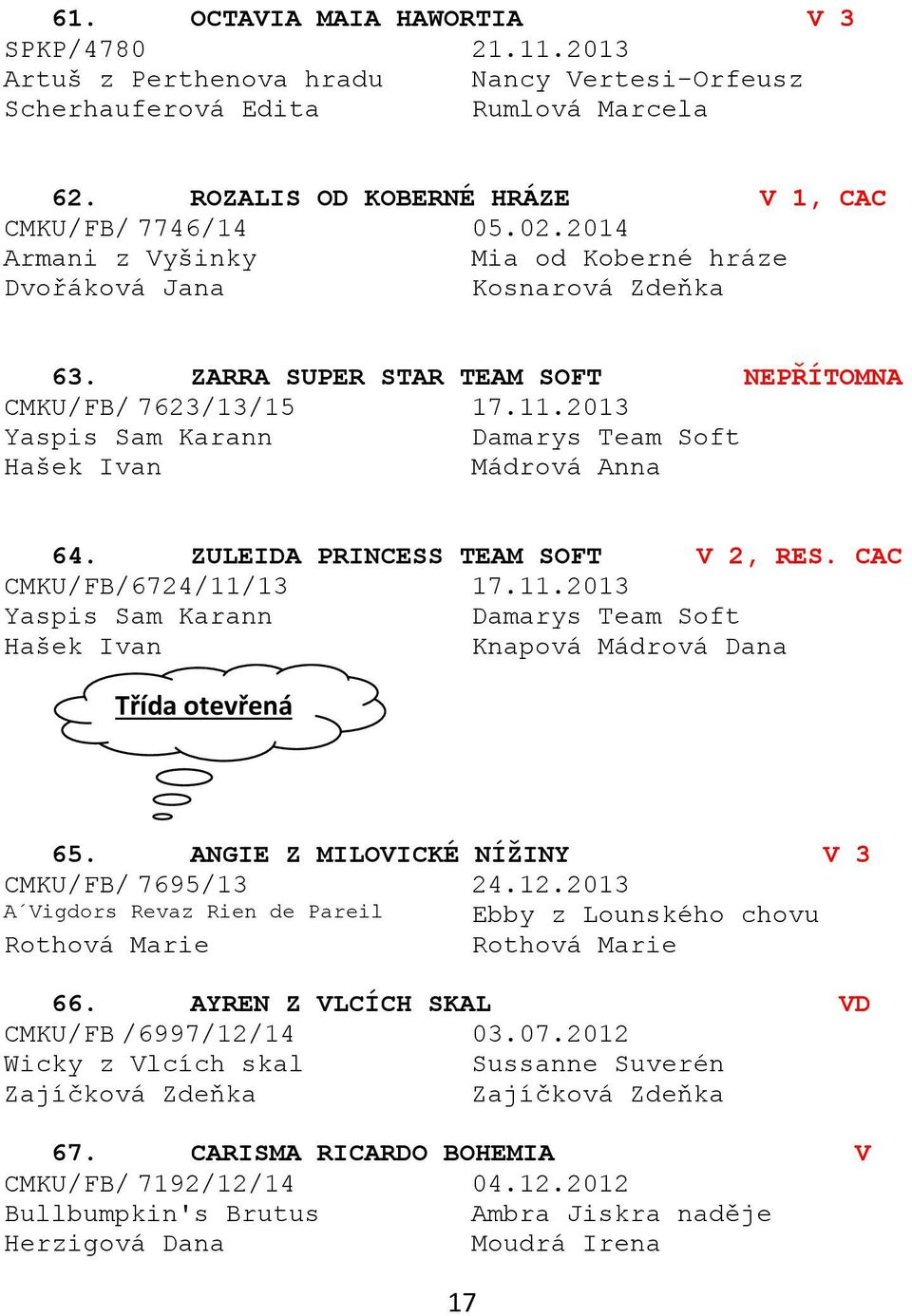 2013 Yaspis Sam Karann Damarys Team Soft Hašek Ivan Mádrová Anna 64. ZULEIDA PRINCESS TEAM SOFT V 2, RES. CAC CMKU/FB/6724/11/