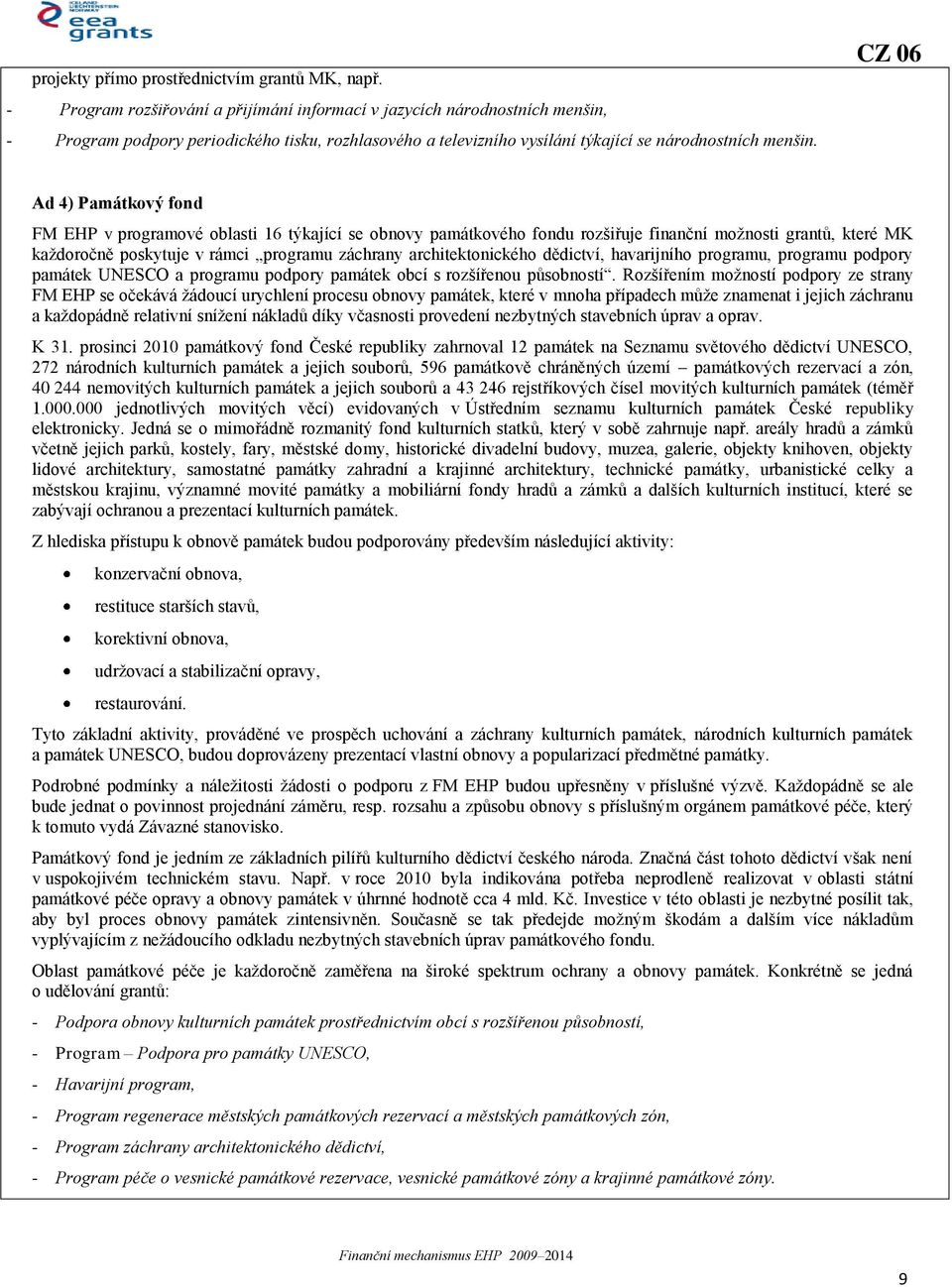 CZ 06 Ad 4) Památkový fond FM EHP v programové oblasti 16 týkající se obnovy památkového fondu rozšiřuje finanční možnosti grantů, které MK každoročně poskytuje v rámci programu záchrany