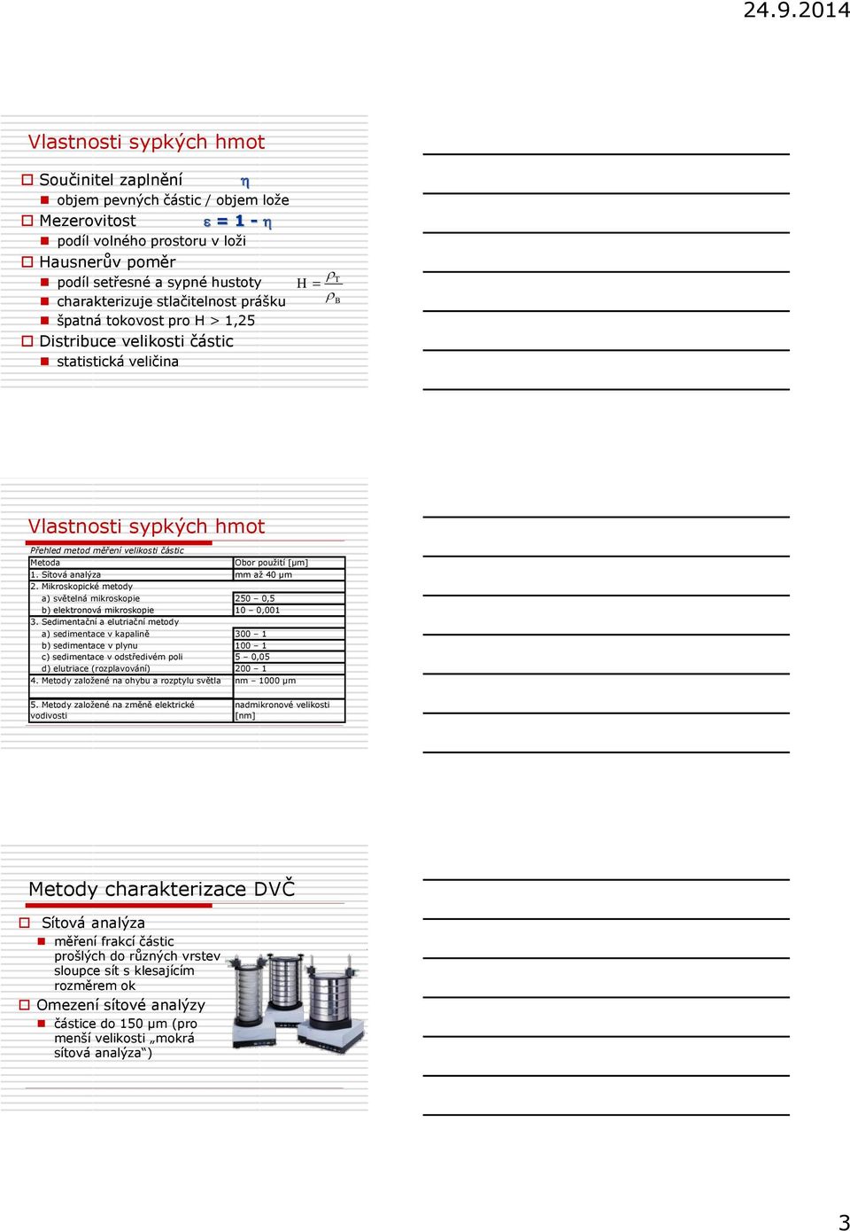 Sítová analýza mm až 40 μm 2. Mikroskopické metody a) světelná mikroskopie 250 0,5 b) elektronová mikroskopie 10 0,001 3.