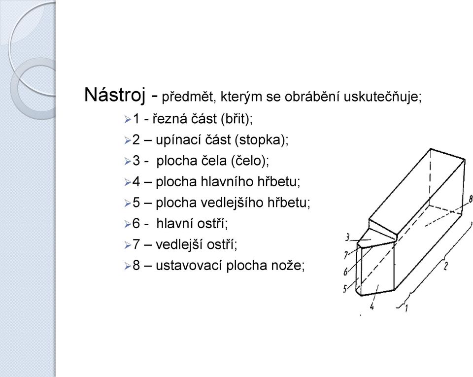 (čelo); 4 plocha hlavního hřbetu; 5 plocha vedlejšího