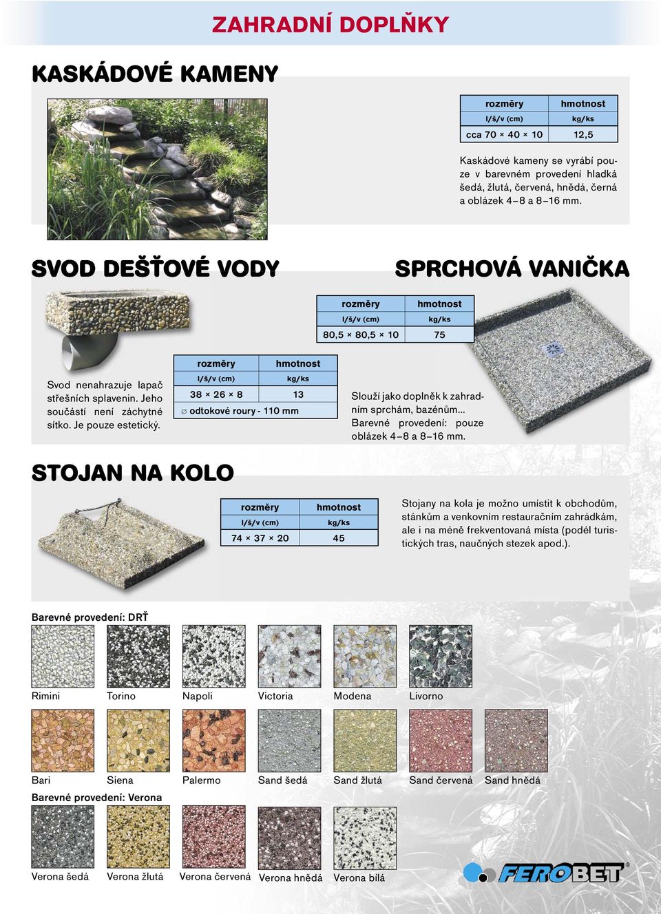 38 26 8 13 odtokové roury - 110 mm Slouží jako doplněk k zahradním sprchám, bazénům Barevné provedení: pouze oblázek 4 8 a 8 16 mm.