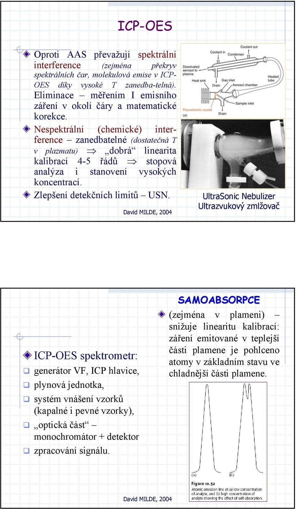 Nespektrální (chemické) interference zanedbatelné (dostatečná T v plazmatu) dobrá linearita kalibrací 4-5 řádů stopová analýza i stanovení vysokých koncentrací. Zlepšení detekčních limitů USN.