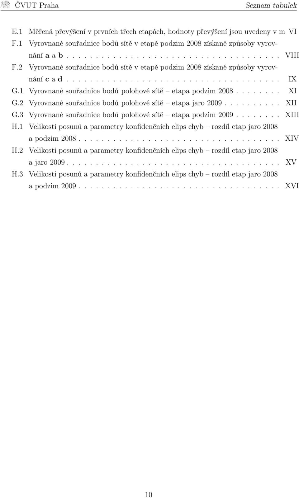 2 Vyrovnané souřadnice bodů polohové sítě etapa jaro 2009.......... XII G.3 Vyrovnané souřadnice bodů polohové sítě etapa podzim 2009........ XIII H.