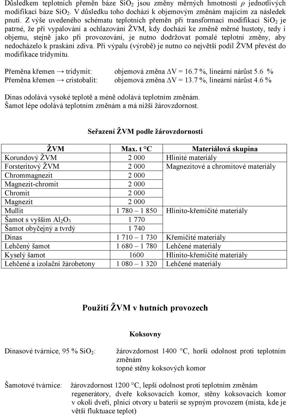 provozování, je nutno dodržovat pomalé teplotní změny, aby nedocházelo k praskání zdiva. Při výpalu (výrobě) je nutno co největší podíl ŽVM převést do modifikace tridymitu.