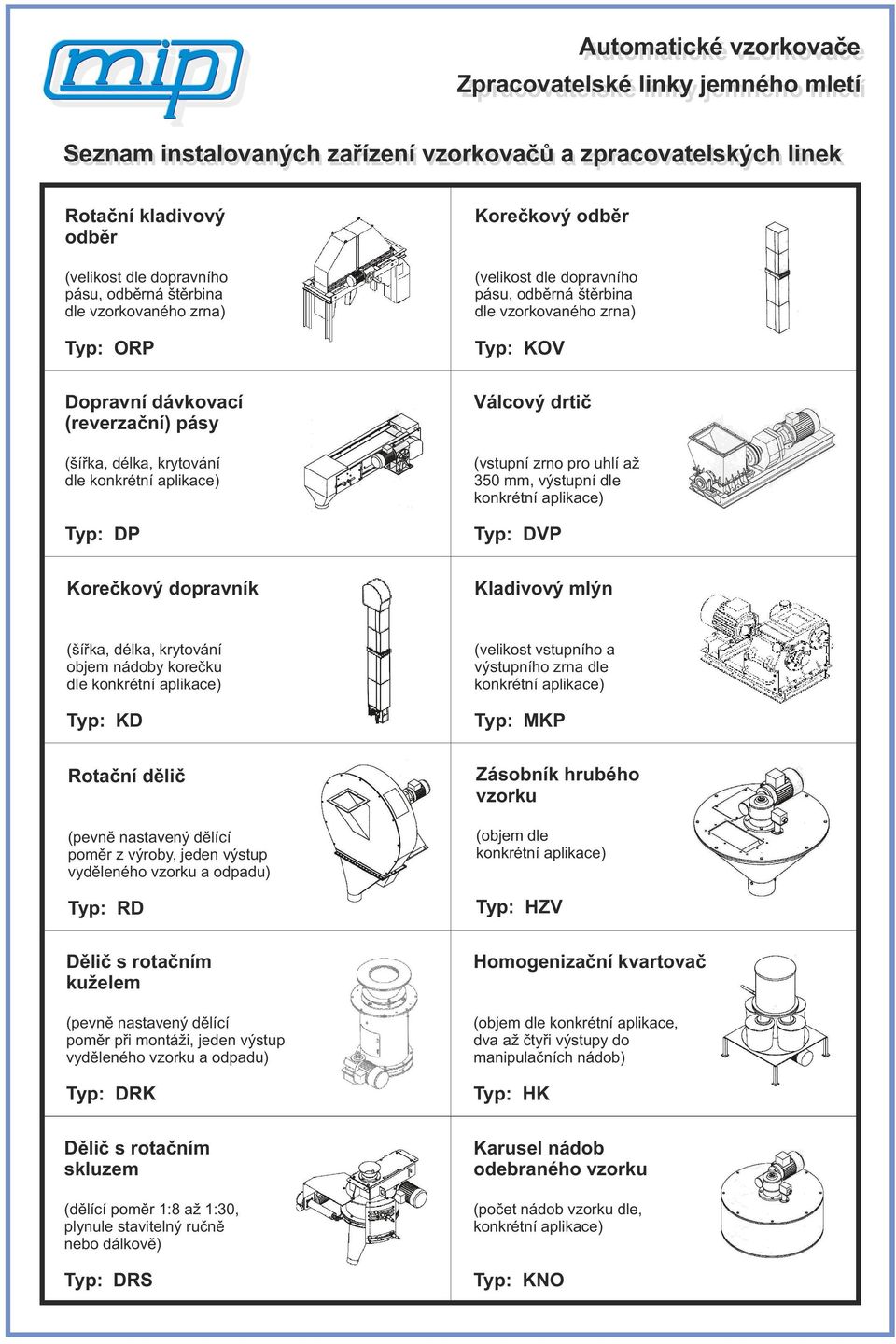 drtič (vstupní zrno pro uhlí až 350 mm, výstupní dle konkrétní aplikace) Typ: DVP Kladivový mlýn (šířka, délka, krytování objem nádoby korečku dle konkrétní aplikace) Typ: KD Rotační dělič (pevně