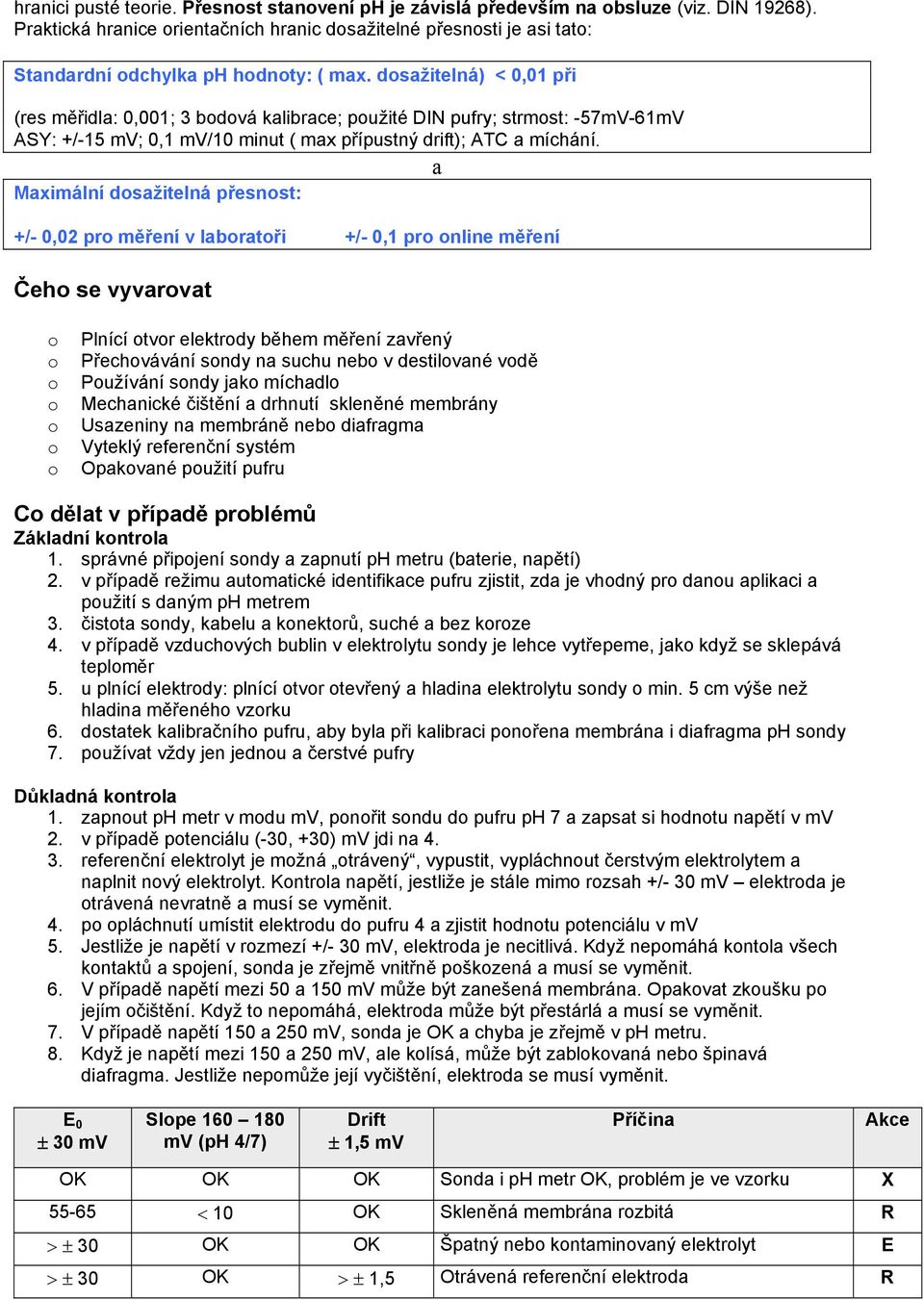 dosažitelná) < 0,01 při (res měřidla: 0,001; 3 bodová kalibrace; použité DIN pufry; strmost: -57mV-61mV ASY: +/-15 mv; 0,1 mv/10 minut ( max přípustný drift); ATC a míchání.