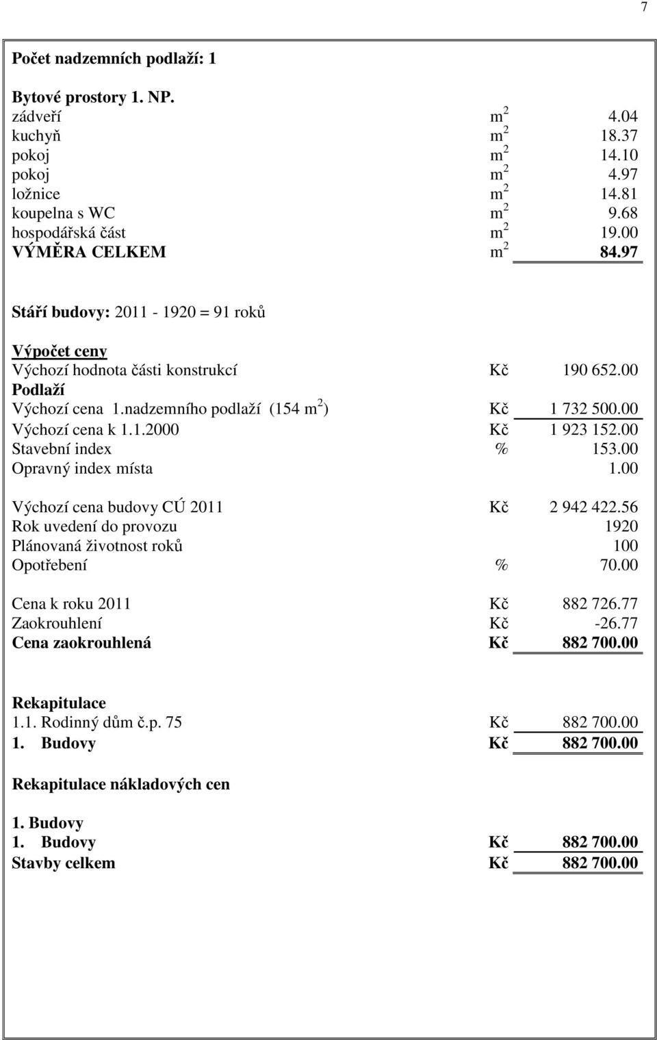 00 Výchozí cena k 1.1.2000 Kč 1 923 152.00 Stavební index % 153.00 Opravný index místa 1.00 Výchozí cena budovy CÚ 2011 Kč 2 942 422.