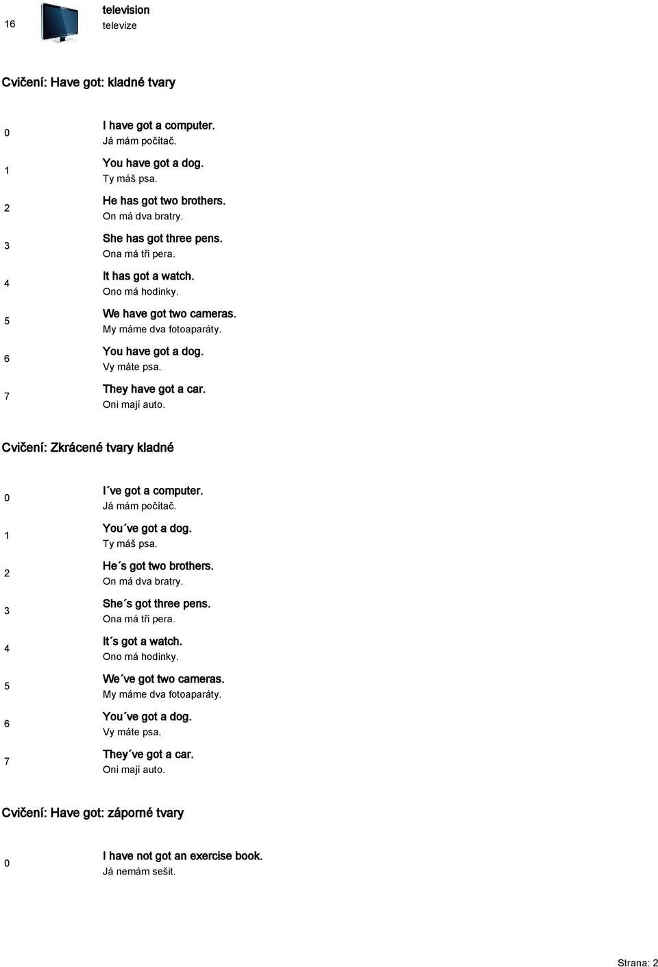 Cvičení: Zkrácené tvary kladné I ve got a computer. Já mám počítač. You ve got a dog. Ty máš psa. He s got two brothers. On má dva bratry. She s got three pens. Ona má tři pera.