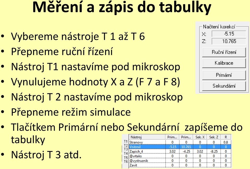 7 a F 8) Nástroj T 2 nastavíme pod mikroskop Přepneme režim simulace