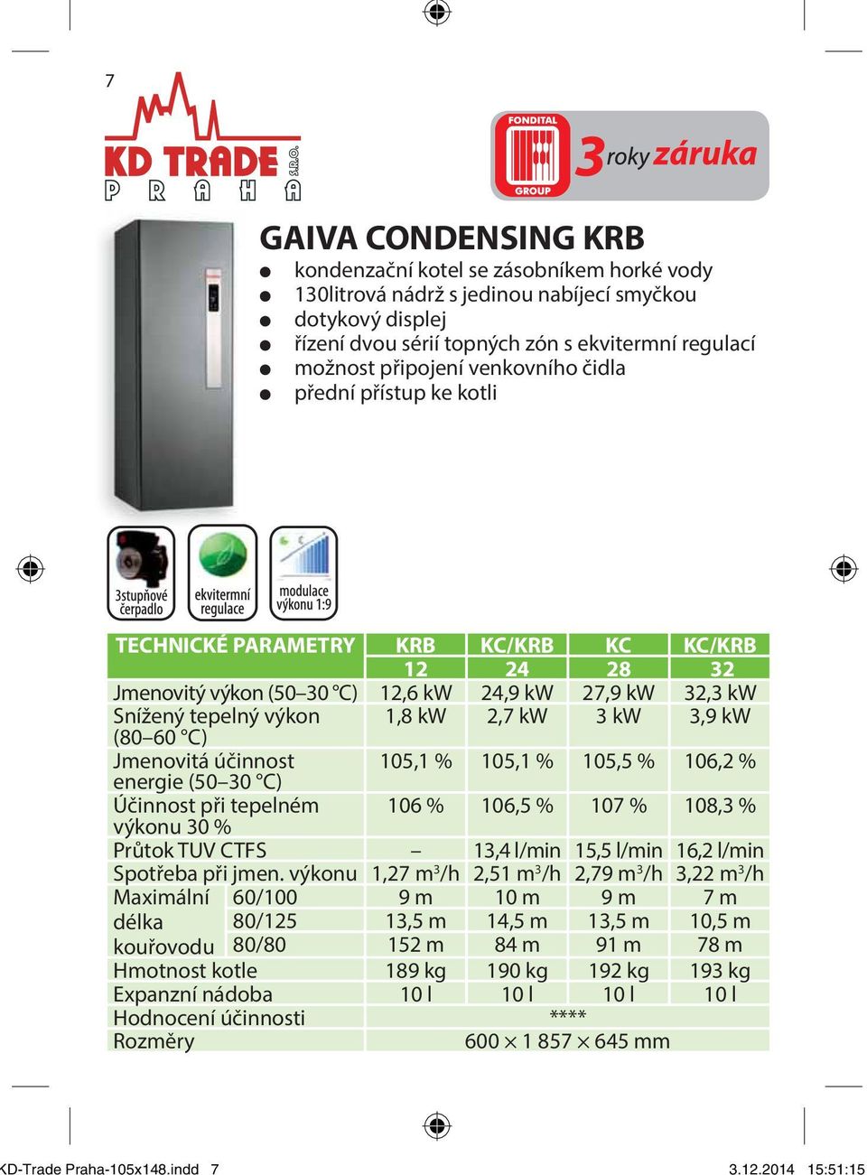 možnost připojení venkovního čidla přední přístup ke kotli TECHNICKÉ PARAMETRY KRB KC/KRB KC KC/KRB 12 24 28 32 Jmenovitý výkon (50 30 C) 12,6 kw 24,9 kw 27,9 kw 32,3 kw Snížený tepelný výkon (80 60