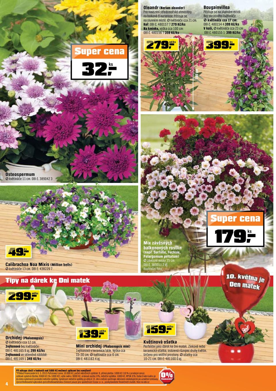 480154 4 399 Kč/ V koši, květináče cca 3 cm: OBI č. 480155 1 399 Kč/ 399 Osteospermum květináče 11 cm. OBI č. 38904 3 49 Calibrachoa Noa Mixis (Million bells) květináče 13 cm. OBI č. 4389 7 Tipy na dárek ke Dni matek / 99 Mix závěsných balkonových rostlin (např.