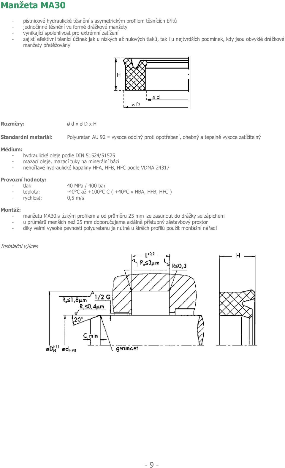 proti opotřebení, ohebný a tepelně vysoce zatížitelný - tlak: 40 MPa / 400 bar - teplota: -40 C až +100 C C ( +40 C v HBA, HFB, HFC ) - manžetu MA30 s úzkým
