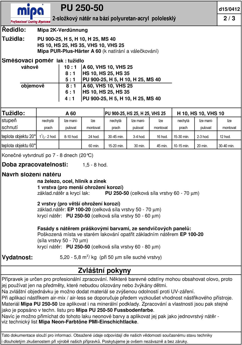 VHS 10, VHS 25 6 : 1 HS 10, HS 25, HS 35 4 : 1 PU 900-25, H 5, H 10, H 25, MS 40 Tužidlo: A 60 PU 900-25, HS 25, H 25, VHS 25 H 10, HS 10, VHS 10 stupeň nechytá lze mani- lze nechytá lze mani- lze