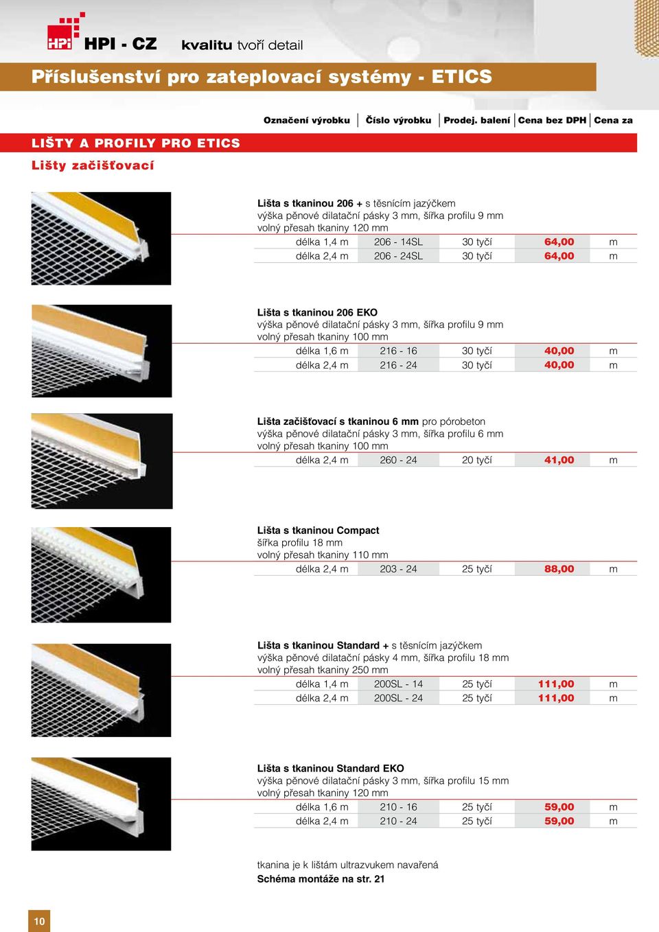 délka 1,6 m 216-16 30 tyčí 40,00 m délka 2,4 m 216-24 30 tyčí 40,00 m Lišta začišťovací s tkaninou 6 mm pro pórobeton výška pěnové dilatační pásky 3 mm, šířka profilu 6 mm volný přesah tkaniny 100 mm