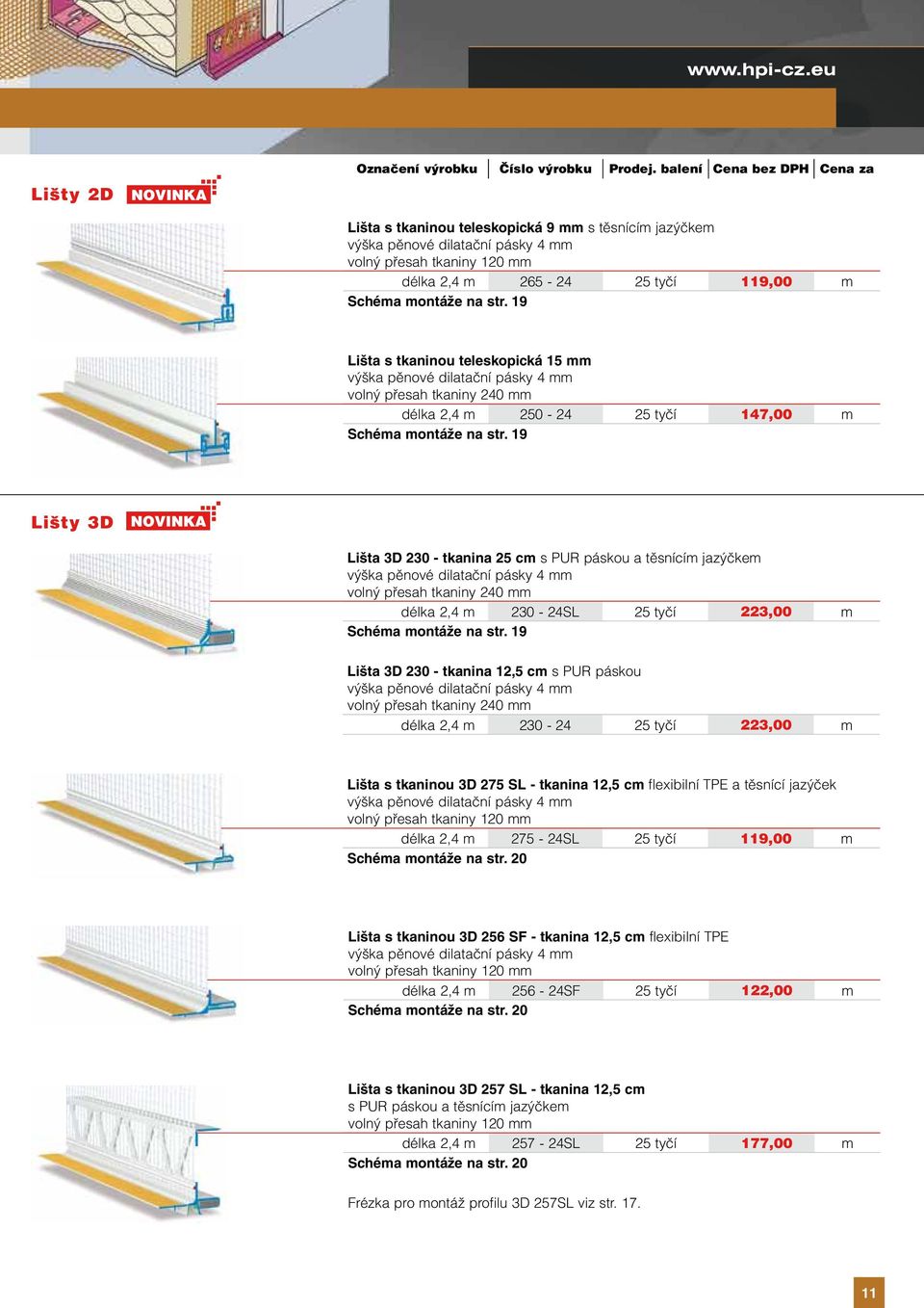 19 Lišty 3D Lišta 3D 230 - tkanina 25 cm s PUR páskou a těsnícím jazýčkem výška pěnové dilatační pásky 4 mm volný přesah tkaniny 240 mm délka 2,4 m 230-24SL 25 tyčí 223,00 m Schéma montáže na str.