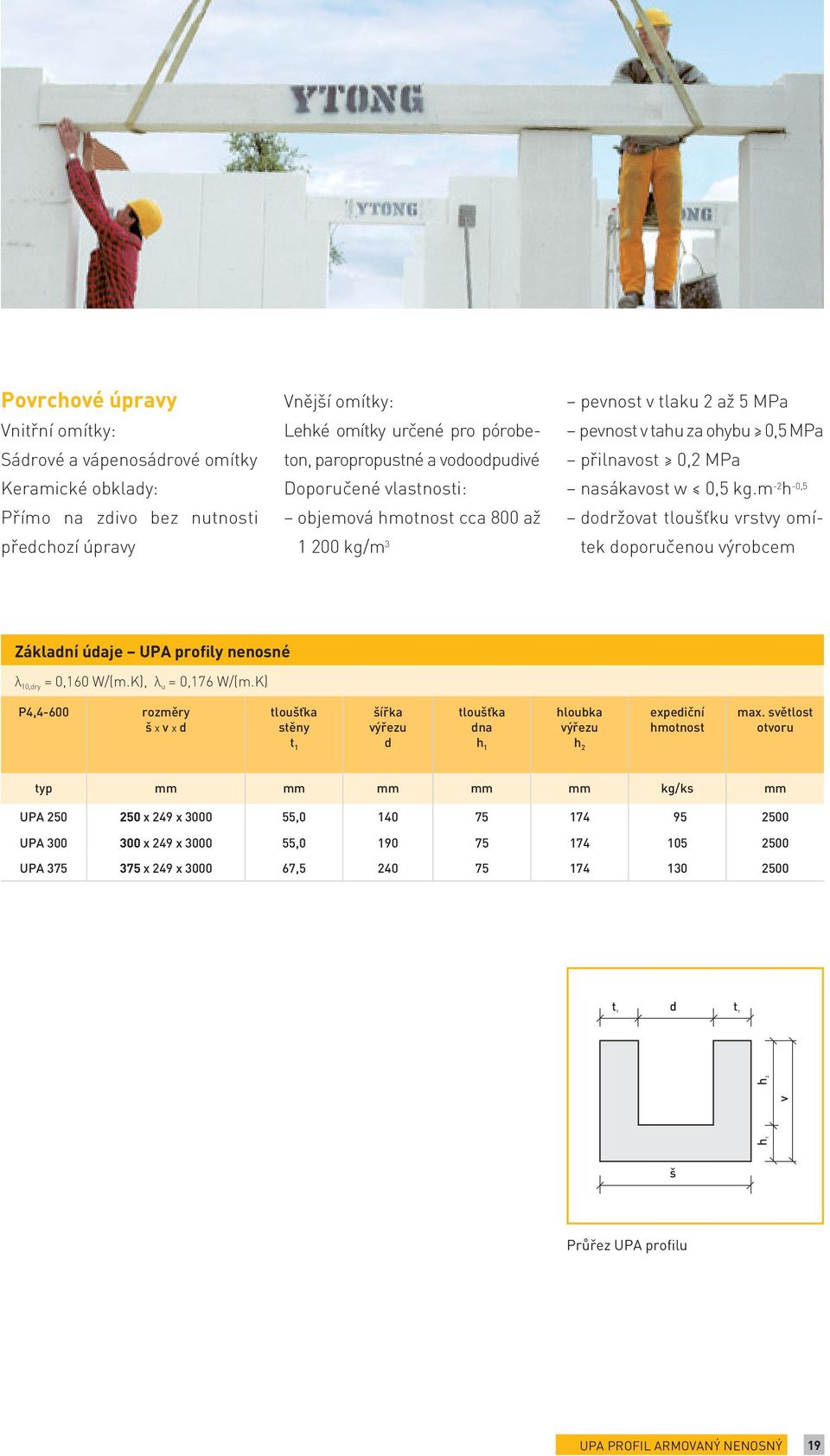 m -2 h -0,5 dodržovat tloušťku vrstvy omítek doporučenou výrobcem Základní údaje UPA profily nenosné λ 10,dry = 0,160 W/(m.K), λ u = 0,176 W/(m.