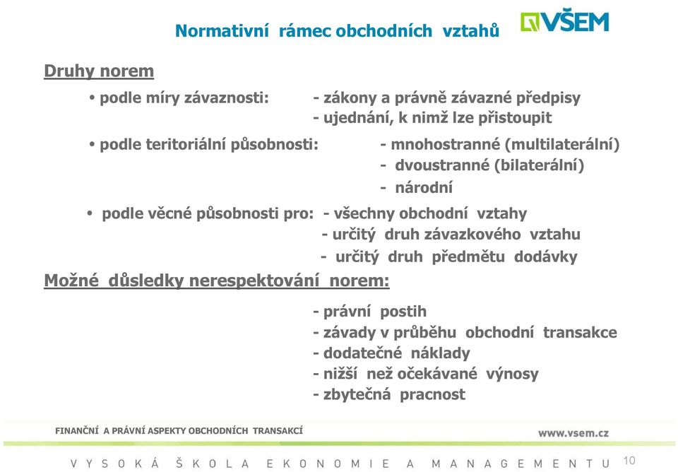 působnosti pro: - všechny obchodní vztahy - určitý druh závazkového vztahu Možné důsledky nerespektování norem: - určitý druh