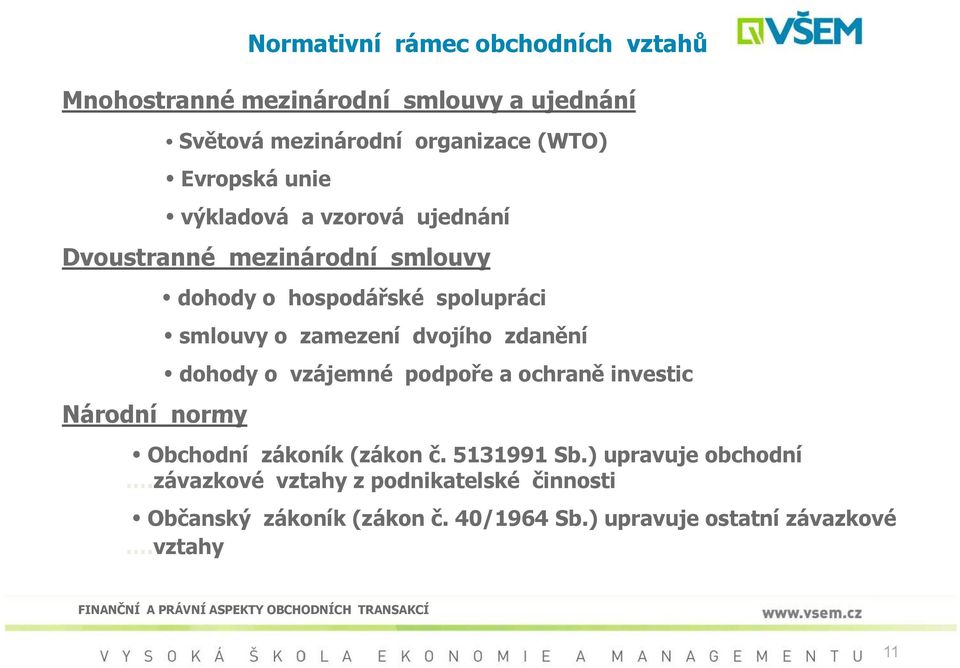 smlouvy o zamezení dvojího zdanění ě dohody o vzájemné podpoře a ochraně investic Obchodní zákoník (zákon č. 5131991 Sb.