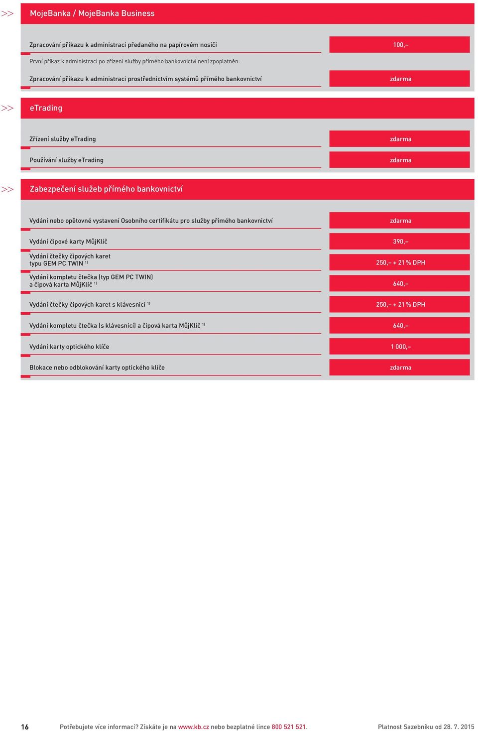 vystavení Osobního certifikátu pro služby přímého bankovnictví Vydání čipové karty MůjKlíč 390, Vydání čtečky čipových karet typu GEM PC TWIN 1) 250, + 21 % DPH Vydání kompletu čtečka (typ GEM PC