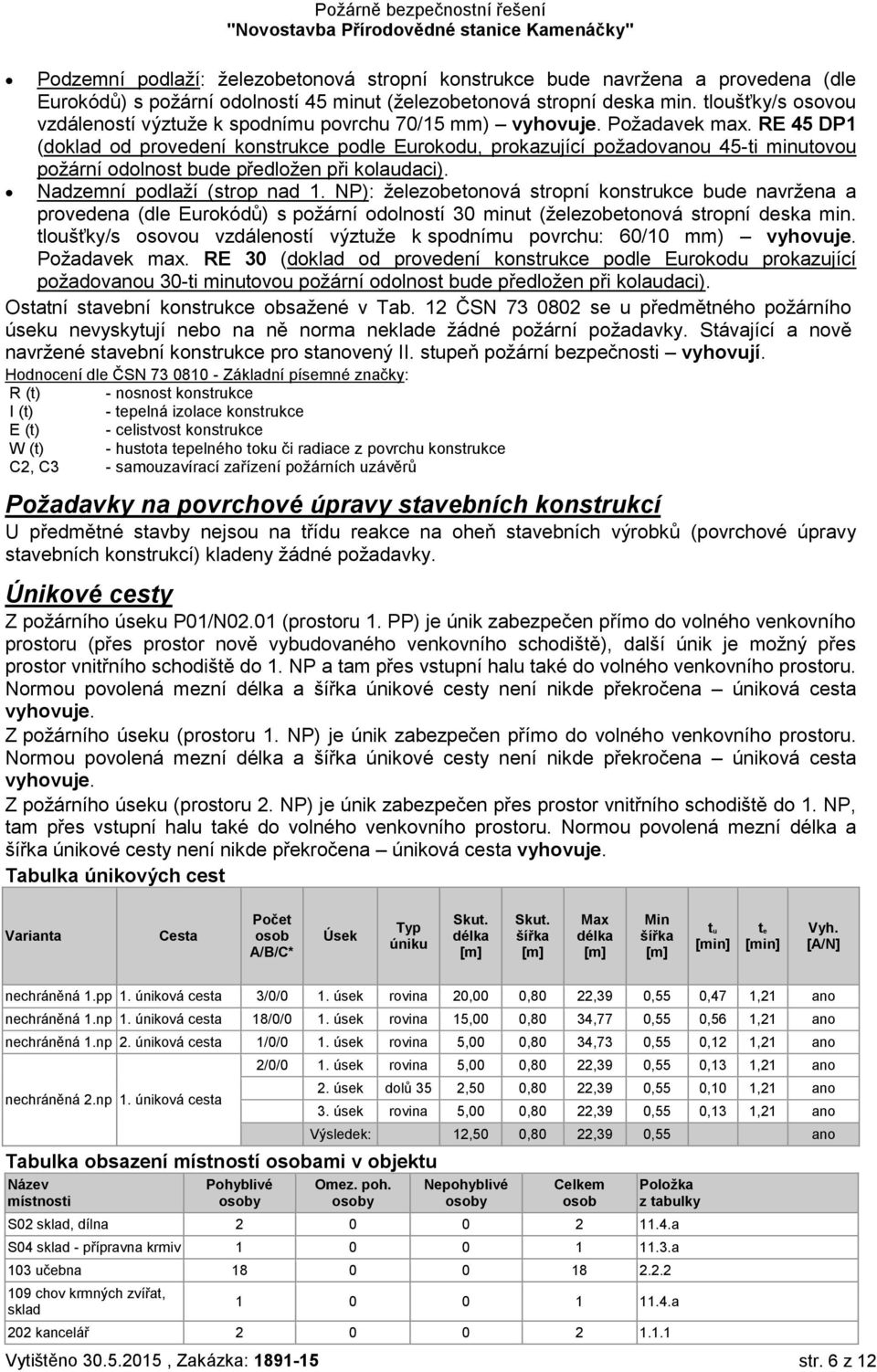 RE 45 DP1 (doklad od provedení konstrukce podle Eurokodu, prokazující požadovanou 45-ti minutovou požární odolnost bude předložen při kolaudaci). Nadzemní podlaží (strop nad 1.