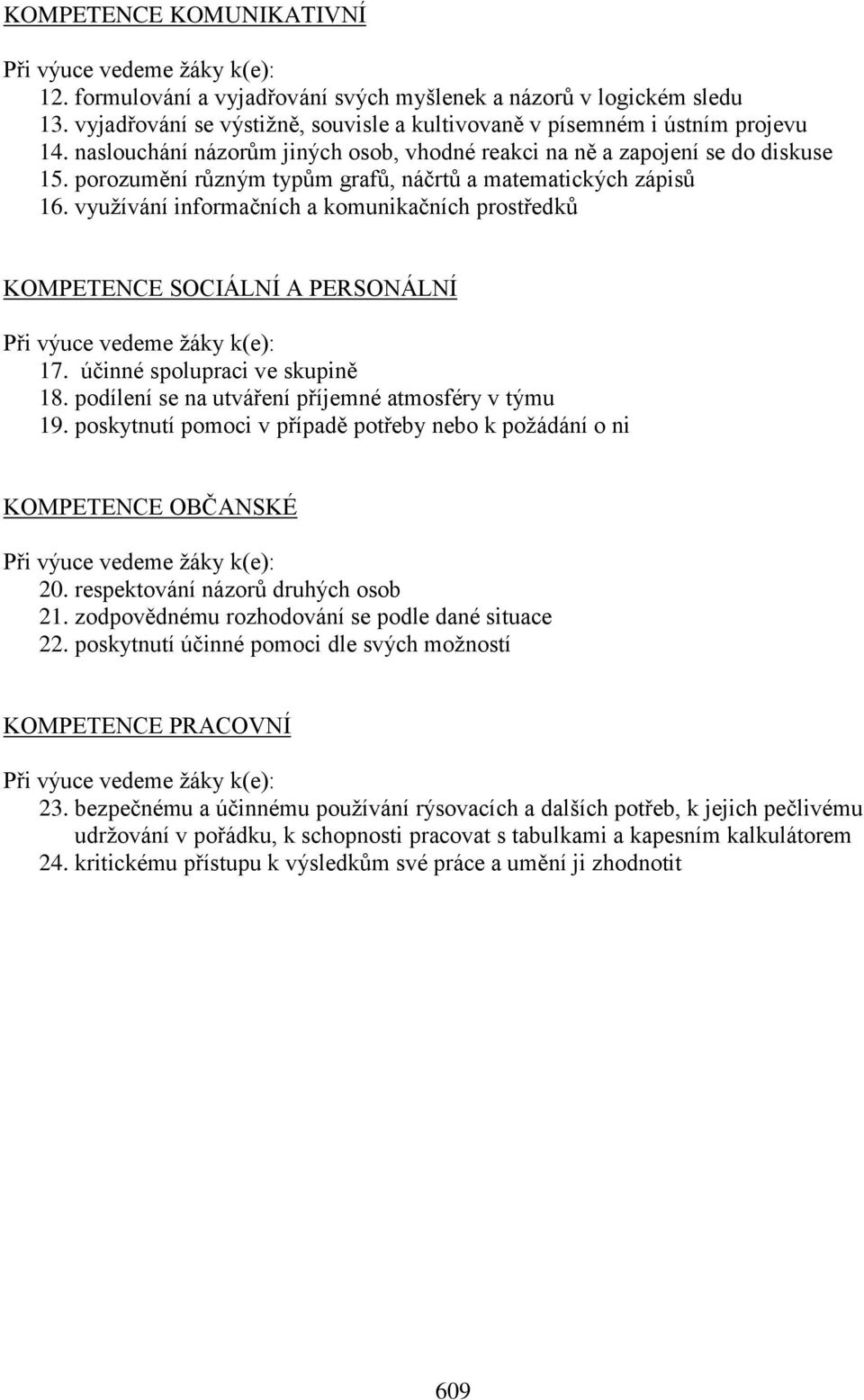 porozumění různým typům grafů, náčrtů a matematických zápisů 16. využívání informačních a komunikačních prostředků KOMPETENCE SOCIÁLNÍ A PERSONÁLNÍ Při výuce vedeme žáky k(e): 17.