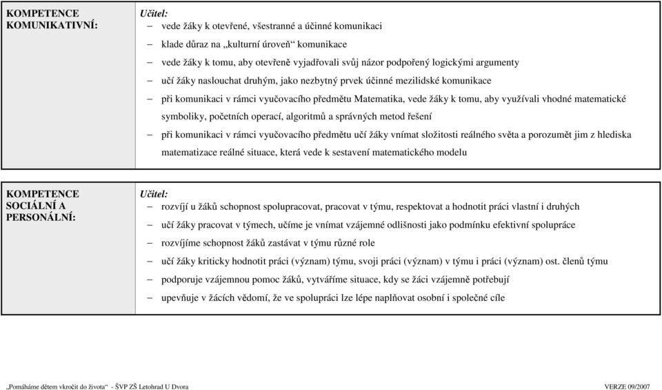 matematické symboliky, početních operací, algoritmů a správných metod řešení při komunikaci v rámci vyučovacího předmětu učí žáky vnímat složitosti reálného světa a porozumět jim z hlediska