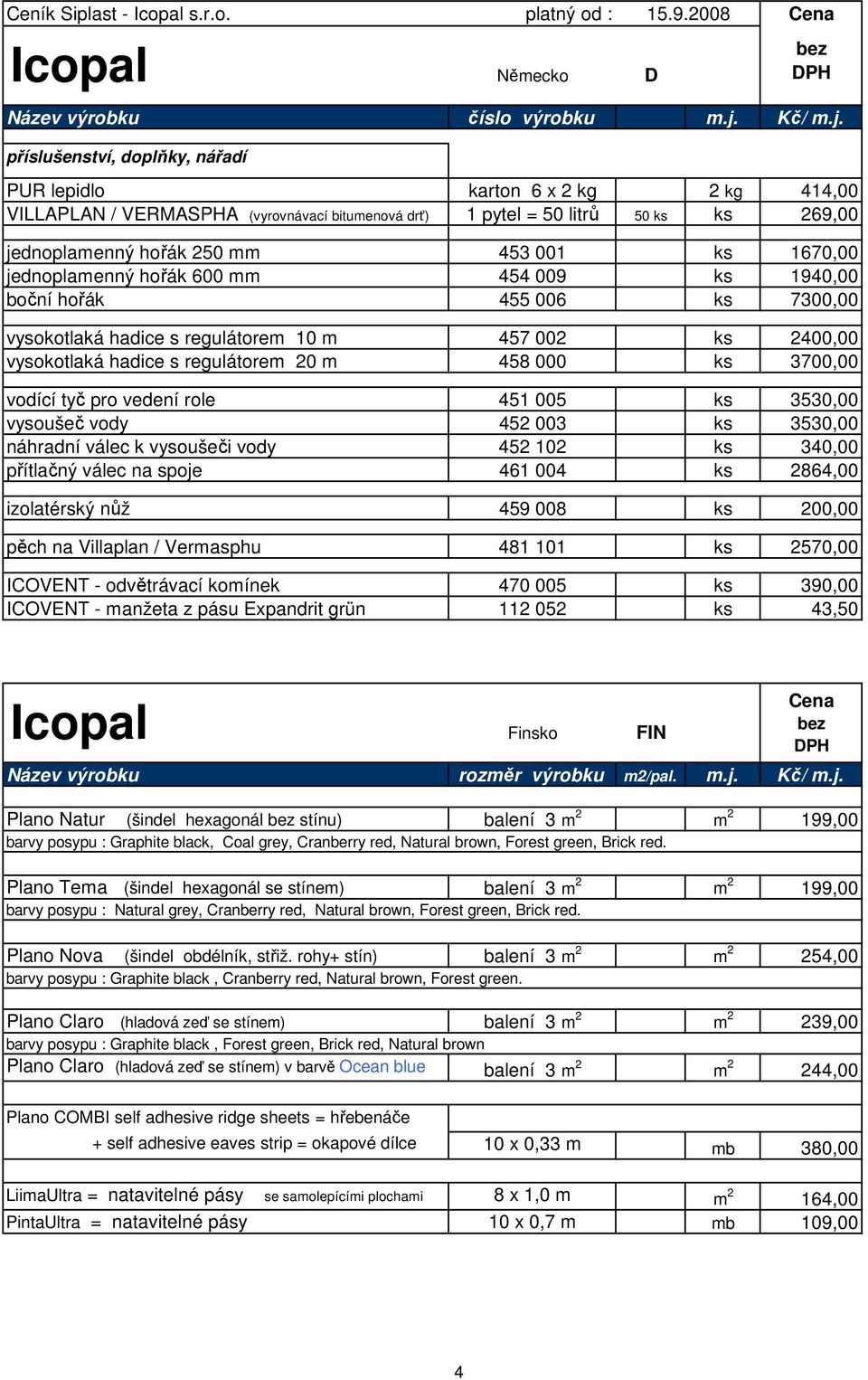 příslušenství, doplňky, nářadí PUR lepidlo karton 6 x 2 kg 2 kg 414,00 VILLAPLAN / VERMASPHA (vyrovnávací bitumenová drť) 1 pytel = 50 litrů 50 ks ks 269,00 jednoplamenný hořák 250 mm 453 001 ks
