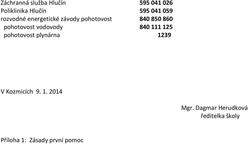 vodovody 840 111 125 pohotovost plynárna 1239 V Kozmicích 9. 1. 2014 Mgr.