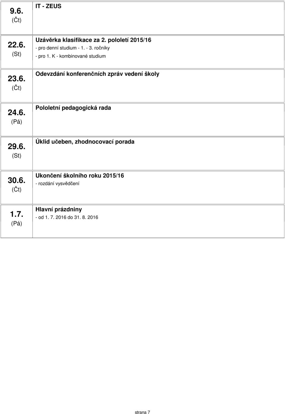 Pololetní pedagogická rada 29.6. Úklid učeben, zhodnocovací porada 30.6. Ukončení školního roku 2015/16 - rozdání vysvědčení 1.