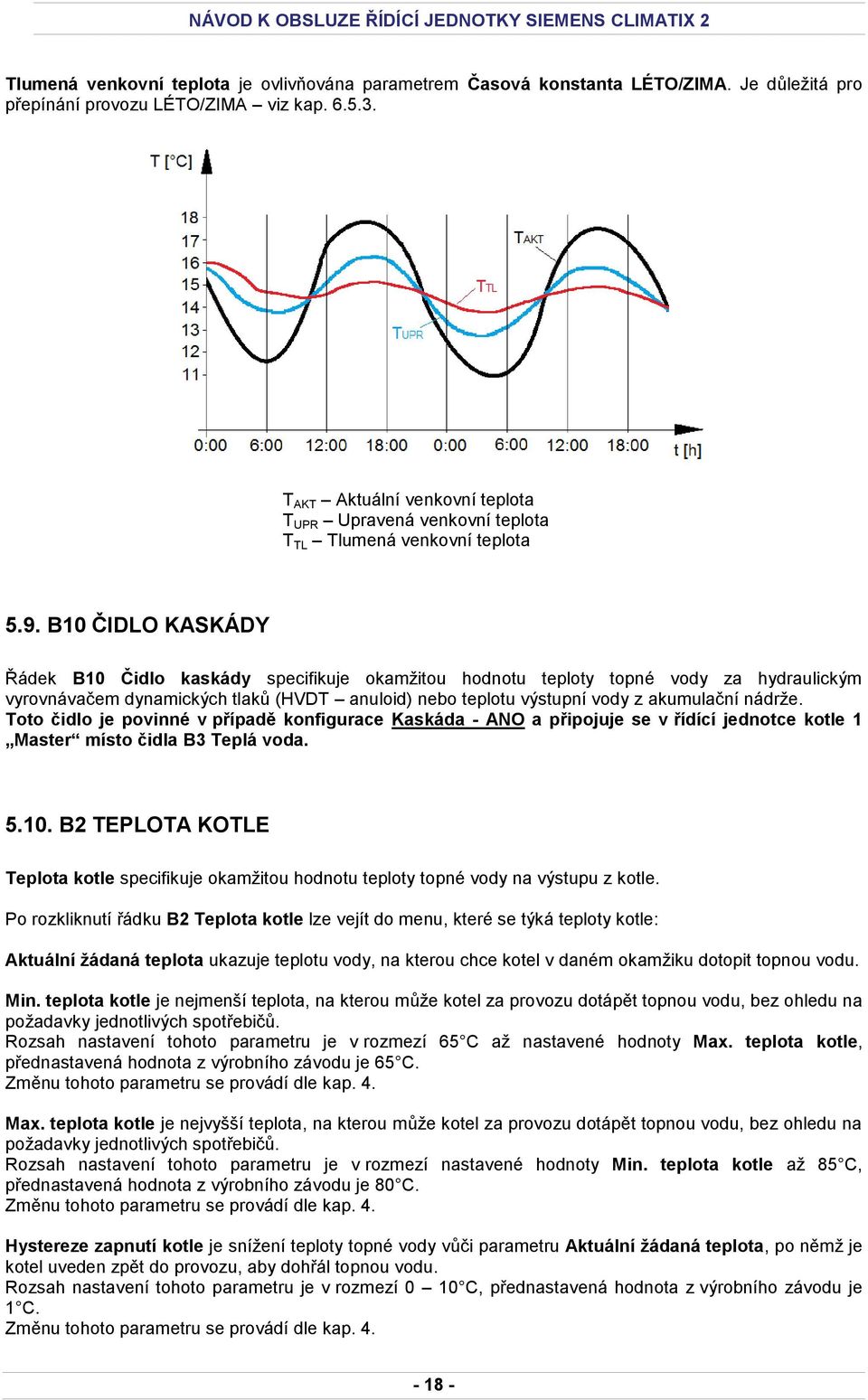 B10 ČIDLO KASKÁDY Řádek B10 Čidlo kaskády specifikuje okamžitou hodnotu teploty topné vody za hydraulickým vyrovnávačem dynamických tlaků (HVDT anuloid) nebo teplotu výstupní vody z akumulační nádrže.