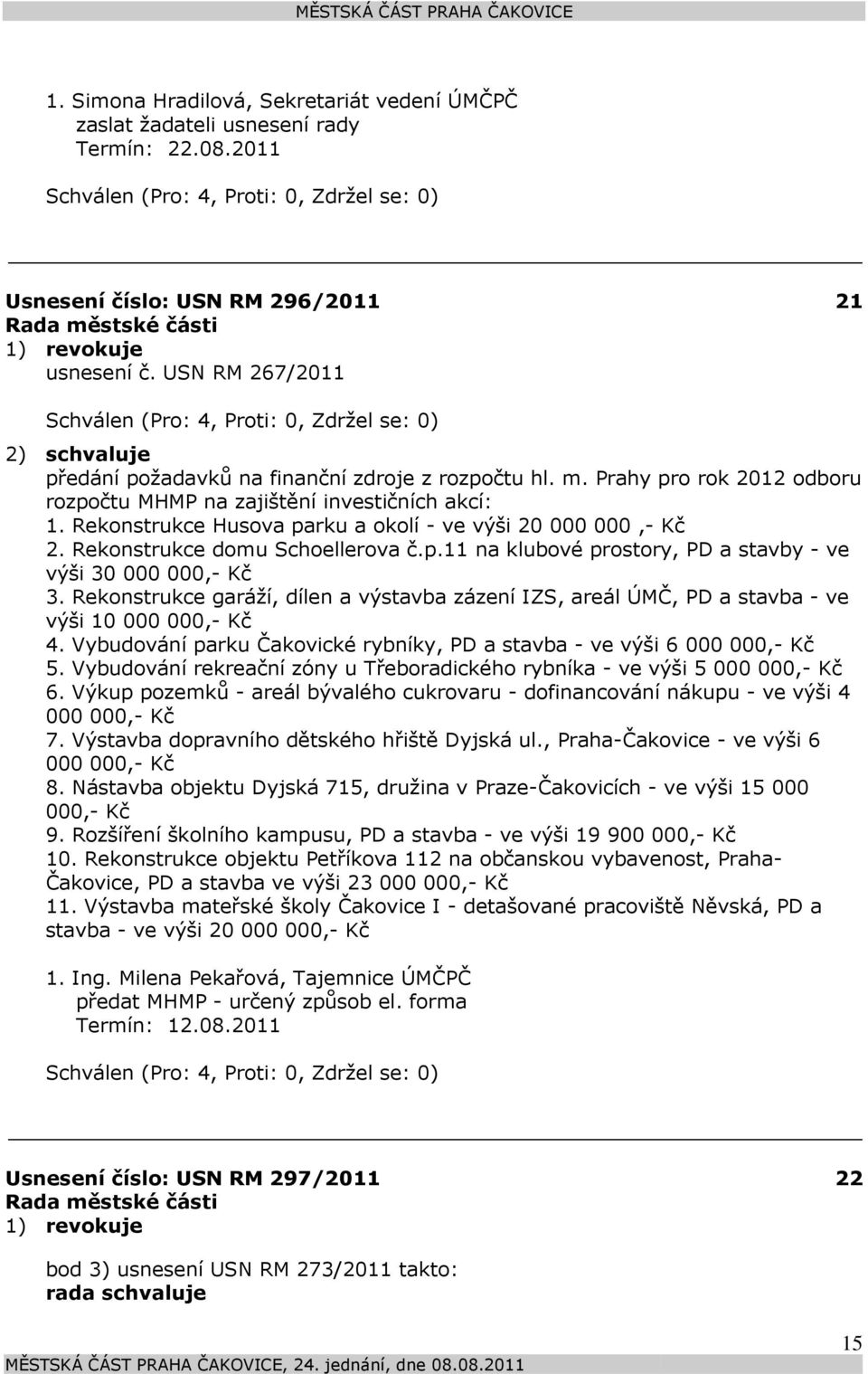 Rekonstrukce Husova parku a okolí - ve výši 20 000 000,- Kč 2. Rekonstrukce domu Schoellerova č.p.11 na klubové prostory, PD a stavby - ve výši 30 000 000,- Kč 3.