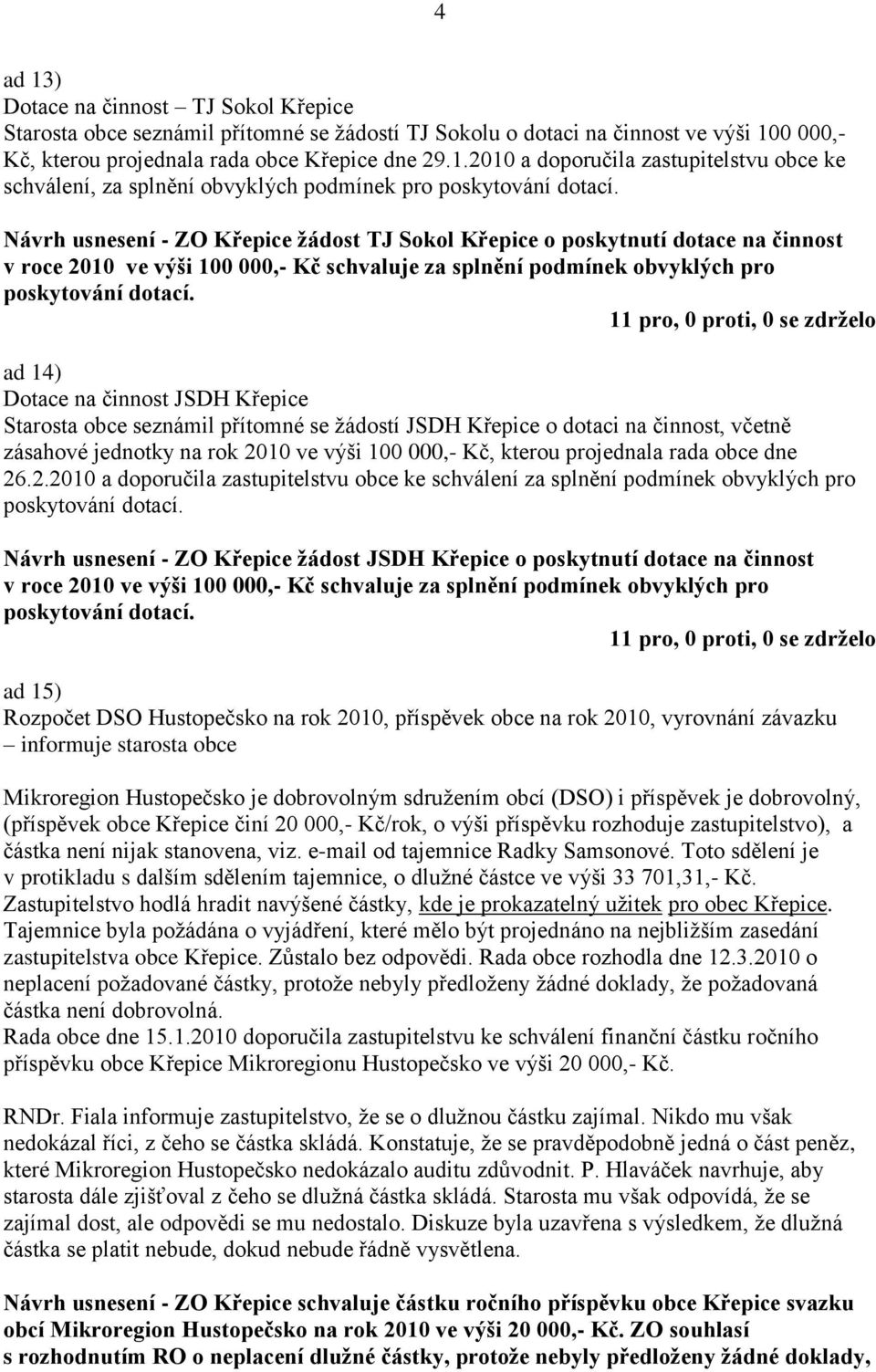 ad 14) Dotace na činnost JSDH Křepice Starosta obce seznámil přítomné se žádostí JSDH Křepice o dotaci na činnost, včetně zásahové jednotky na rok 2010 ve výši 100 000,- Kč, kterou projednala rada