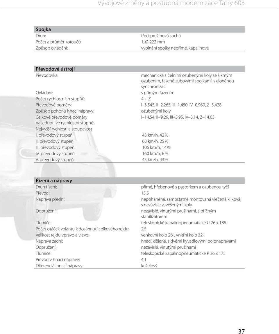 převodový stupeň: 43 km/h, 42 % II. převodový stupeň: 68 km/h, 25 % III. převodový stupeň: 106 km/h, 14 % IV. převodový stupeň: 160 km/h, 6 % V.