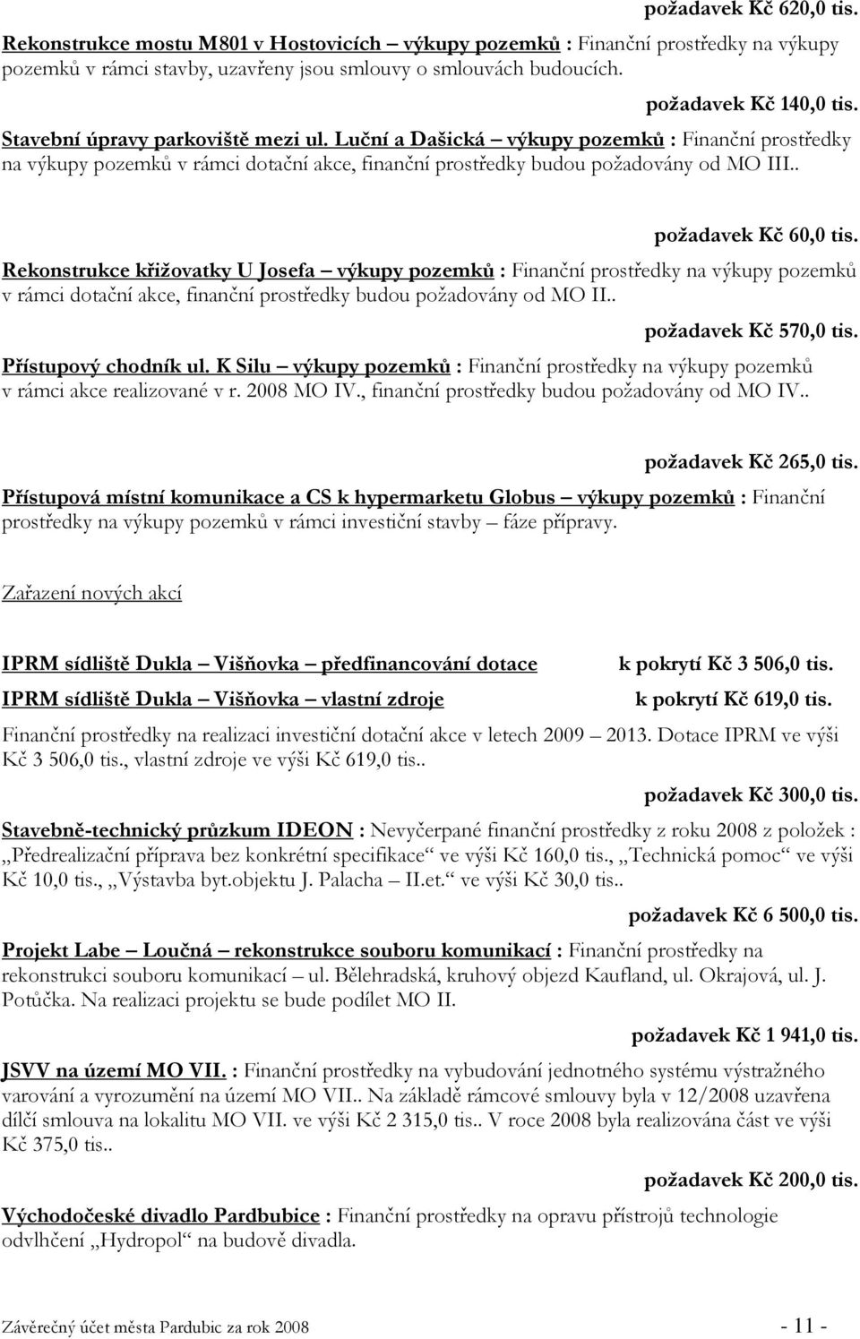 . požadavek Kč 60,0 tis. Rekonstrukce křižovatky U Josefa výkupy pozemků : Finanční prostředky na výkupy pozemků v rámci dotační akce, finanční prostředky budou požadovány od MO II.