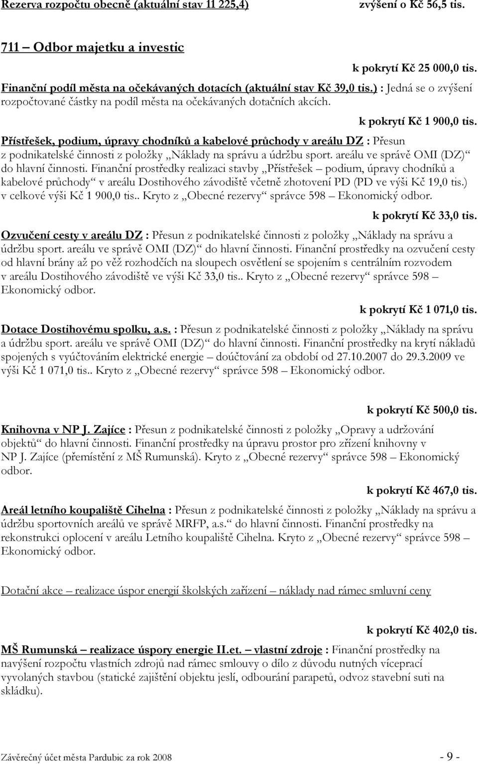 Přístřešek, podium, úpravy chodníků a kabelové průchody v areálu DZ : Přesun z podnikatelské činnosti z položky Náklady na správu a údržbu sport. areálu ve správě OMI (DZ) do hlavní činnosti.
