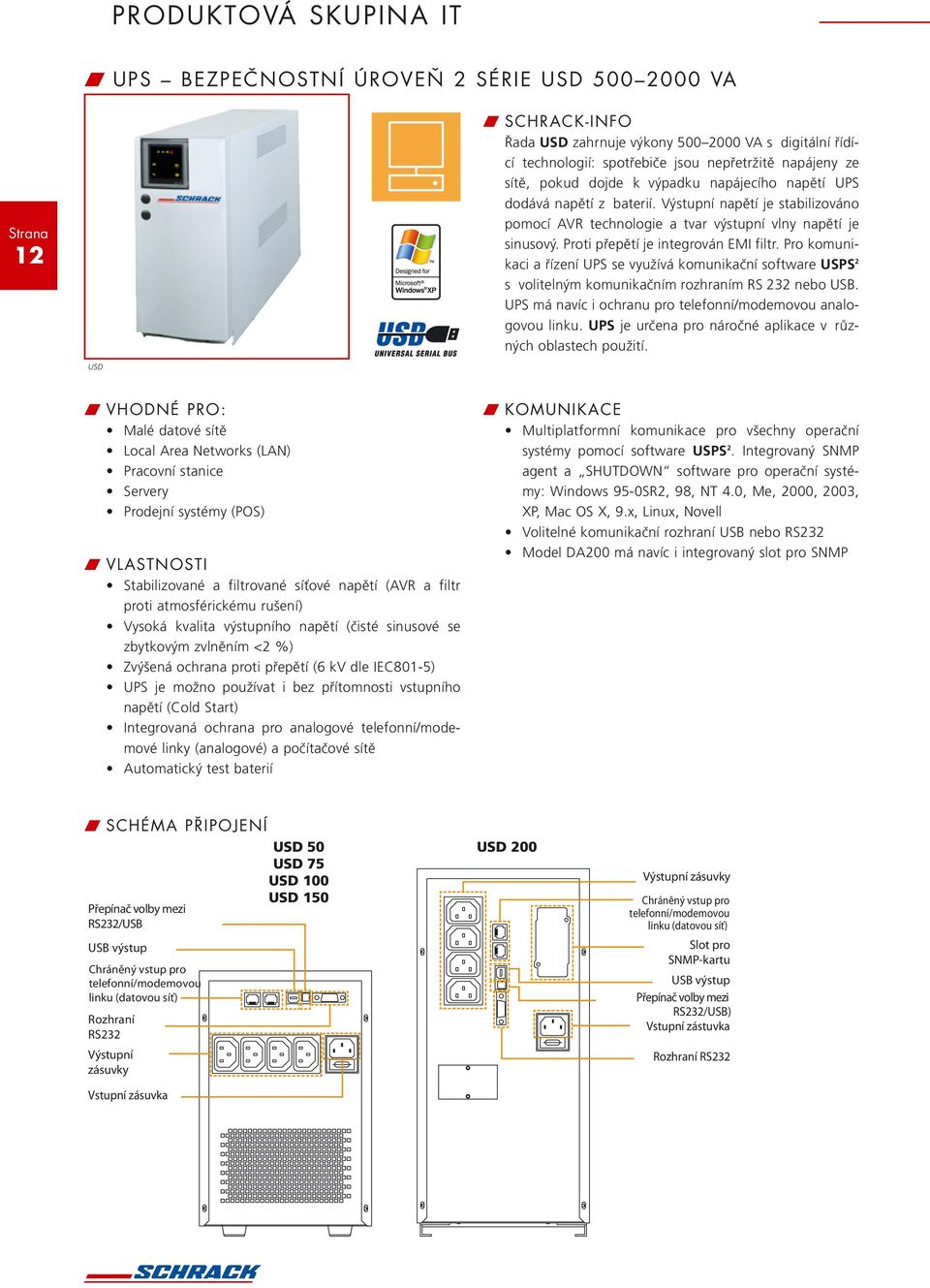 Proti přepětí je integrován EMI filtr. Pro komunikaci a řízení UPS se využívá komunikační software USPS 2 s volitelným komunikačním rozhraním RS 232 nebo USB.