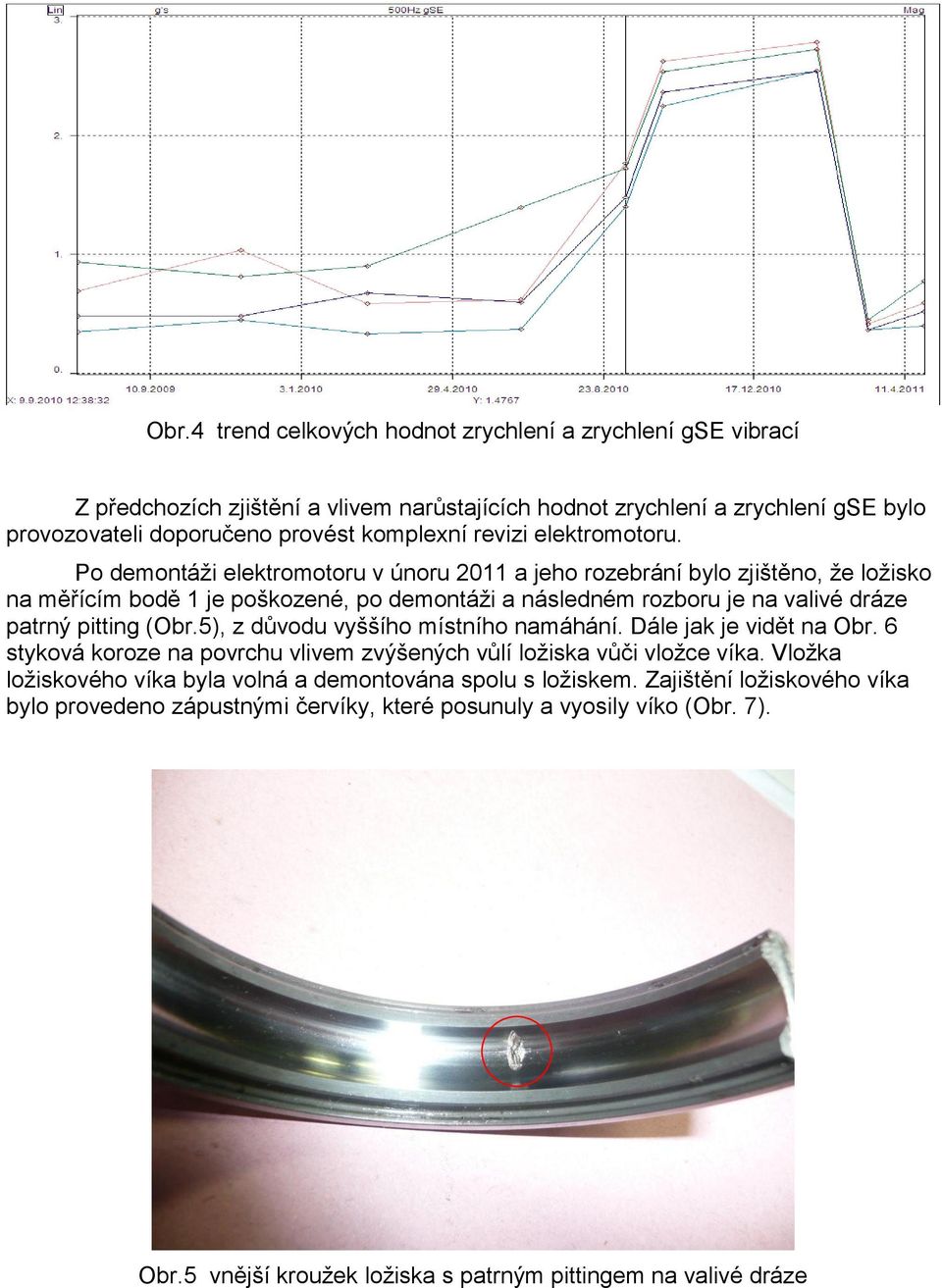 Po demontáži elektromotoru v únoru 2011 a jeho rozebrání bylo zjištěno, že ložisko na měřícím bodě 1 je poškozené, po demontáži a následném rozboru je na valivé dráze patrný pitting (Obr.