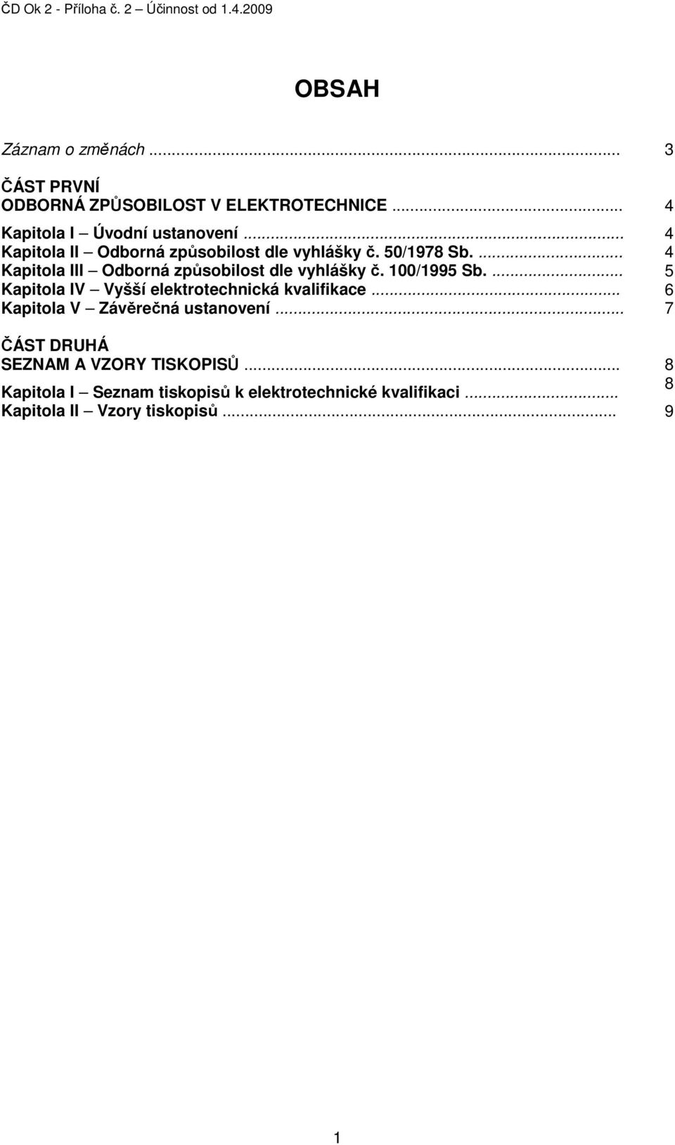 100/1995 Sb.... 5 Kapitola IV Vyšší elektrotechnická kvalifikace... 6 Kapitola V Závěrečná ustanovení.