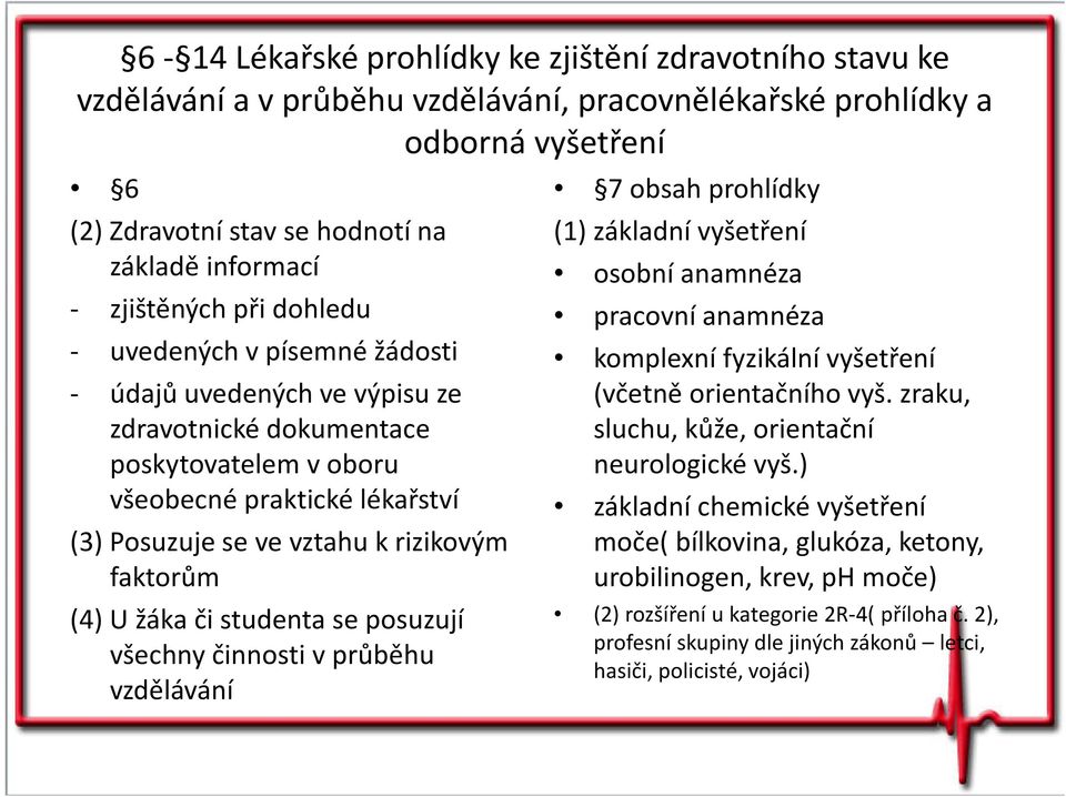 faktorům (4) U žáka či studenta se posuzují všechny činnosti v průběhu vzdělávání 7 obsah prohlídky (1) základní vyšetření osobní anamnéza pracovní anamnéza komplexní fyzikální vyšetření (včetně