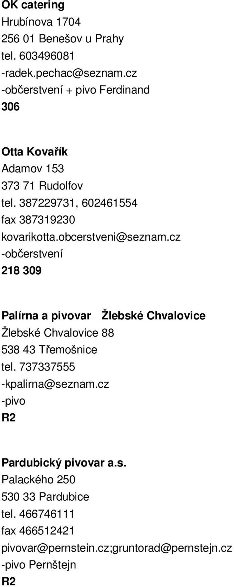 obcerstveni@seznam.cz -občerstvení 218 309 Palírna a var Žlebské Chvalovice Žlebské Chvalovice 88 538 43 Třemošnice tel.