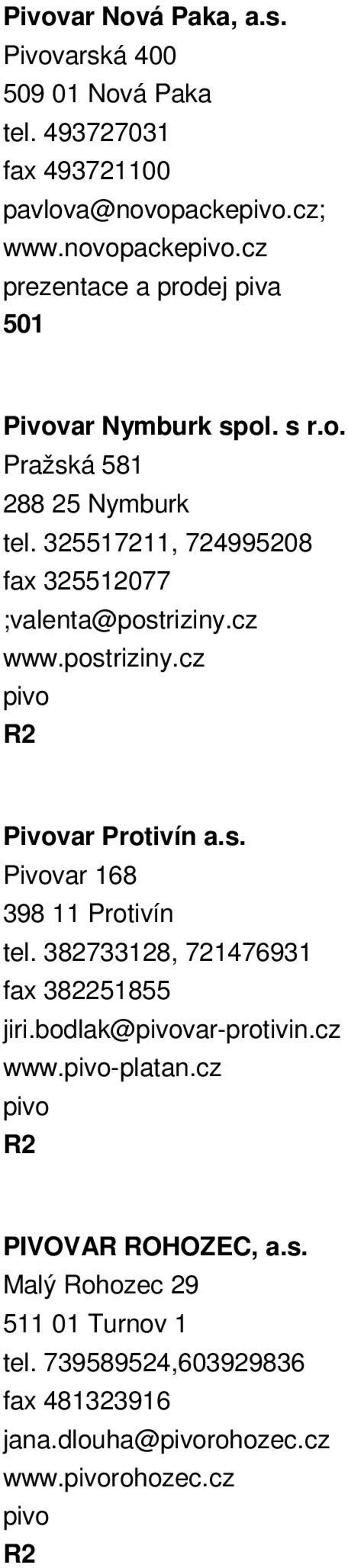 325517211, 724995208 fax 325512077 ;valenta@postriziny.cz www.postriziny.cz Pivovar Protivín a.s. Pivovar 168 398 11 Protivín tel.