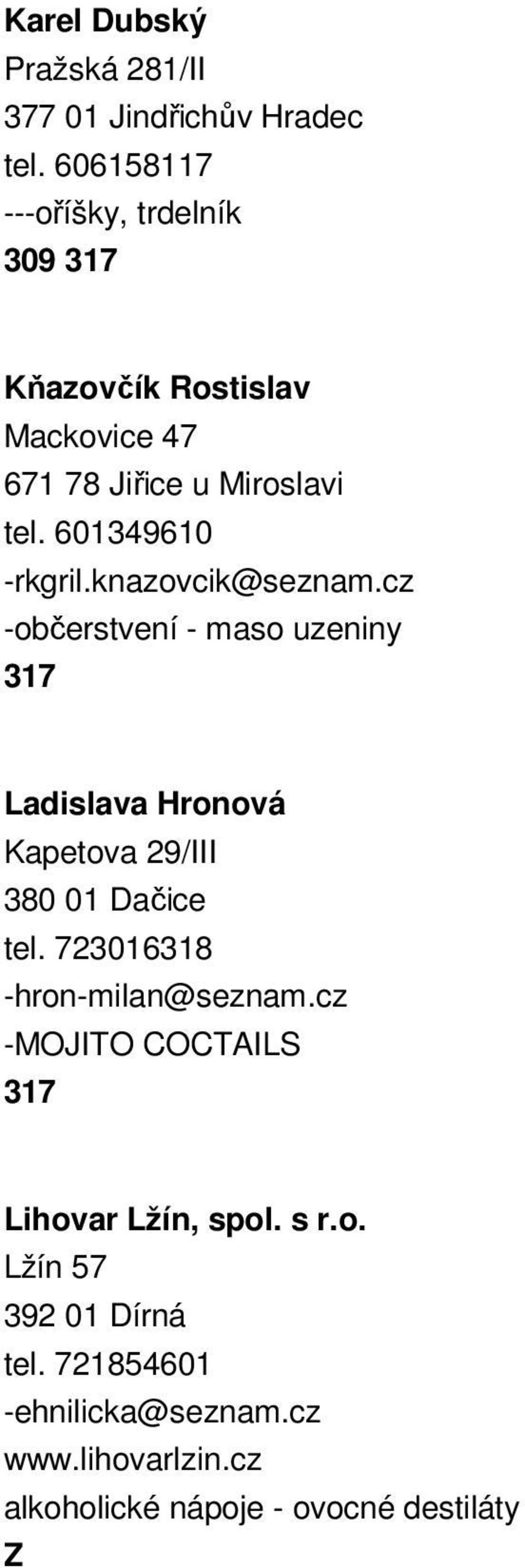 knazovcik@seznam.cz -občerstvení - maso uzeniny 317 Ladislava Hronová Kapetova 29/III 380 01 Dačice tel.