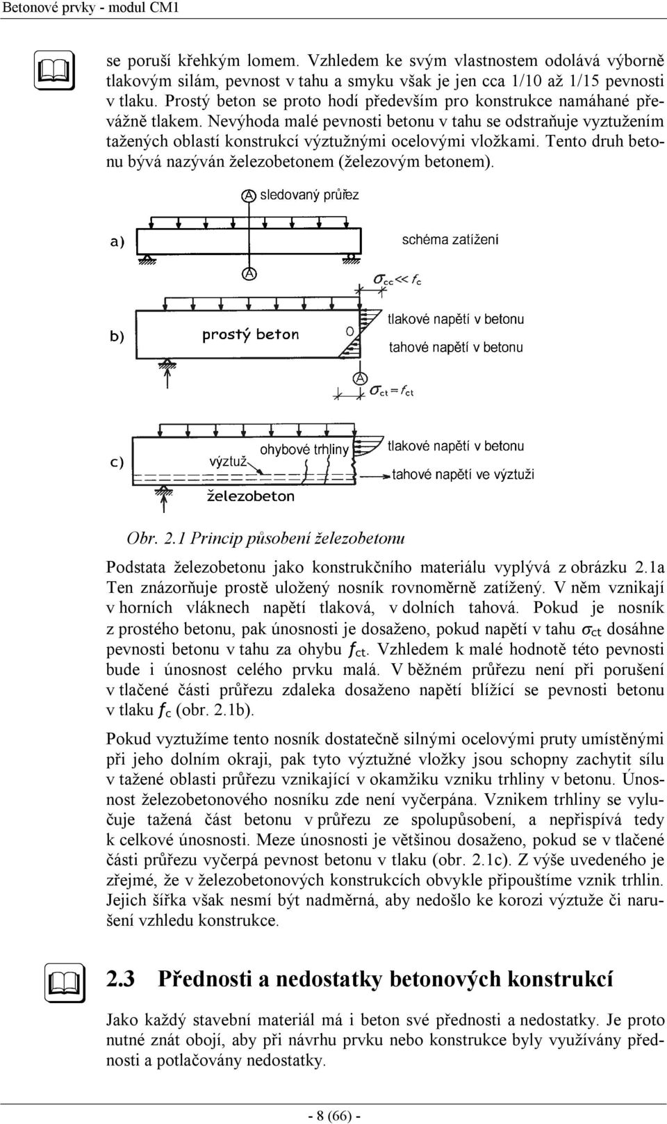Tento druh betonu bývá nazýván železobetonem (železovým betonem). Obr. 2.1 Princip působení železobetonu Podstata železobetonu jako konstrukčního materiálu vyplývá z obrázku 2.