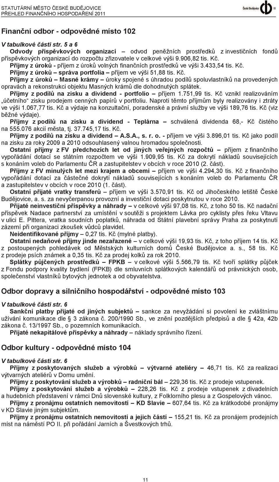 Příjmy z úroků - příjem z úroků volných finančních prostředků ve výši 3.433,54 tis. Kč.