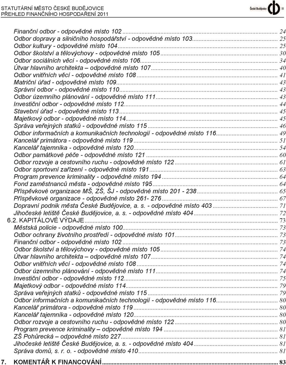 .. 40 Odbor vnitřních věcí - odpovědné místo 108... 41 Matriční úřad - odpovědné místo 109... 43 Správní odbor - odpovědné místo 110... 43 Odbor územního plánování - odpovědné místo 111.