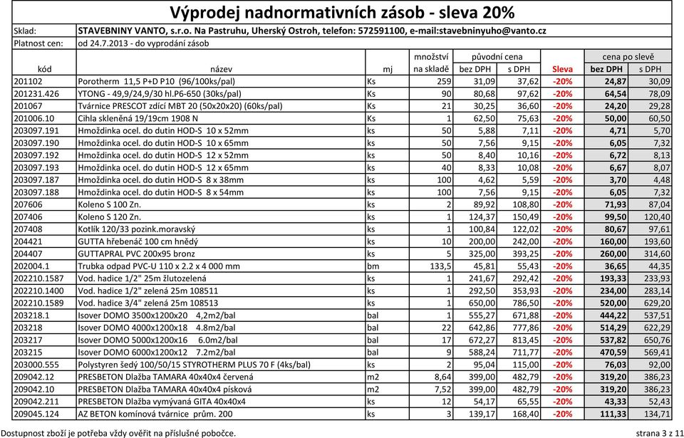 10 Cihla skleněná 19/19cm 1908 N Ks 1 62,50 75,63-20% 50,00 60,50 203097.191 Hmoždinka ocel. do dutin HOD-S 10 x 52mm ks 50 5,88 7,11-20% 4,71 5,70 203097.190 Hmoždinka ocel.