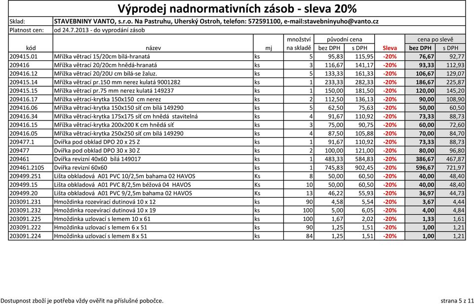 12 Mřížka větrací 20/20U cm bílá-se žaluz. ks 5 133,33 161,33-20% 106,67 129,07 209415.14 Mřížka větrací pr.150 mm nerez kulatá 9001282 ks 1 233,33 282,33-20% 186,67 225,87 209415.